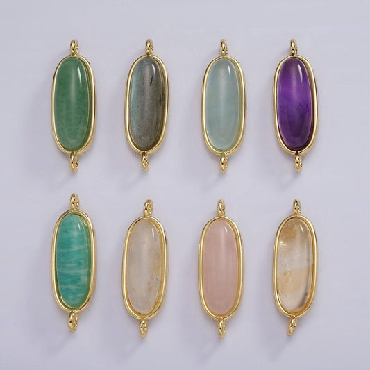 14k gold filled rose quartz, amazonite, labradorite, amethyst, topaz long oval bezel cut link charm connector for bracelet necklace | g229