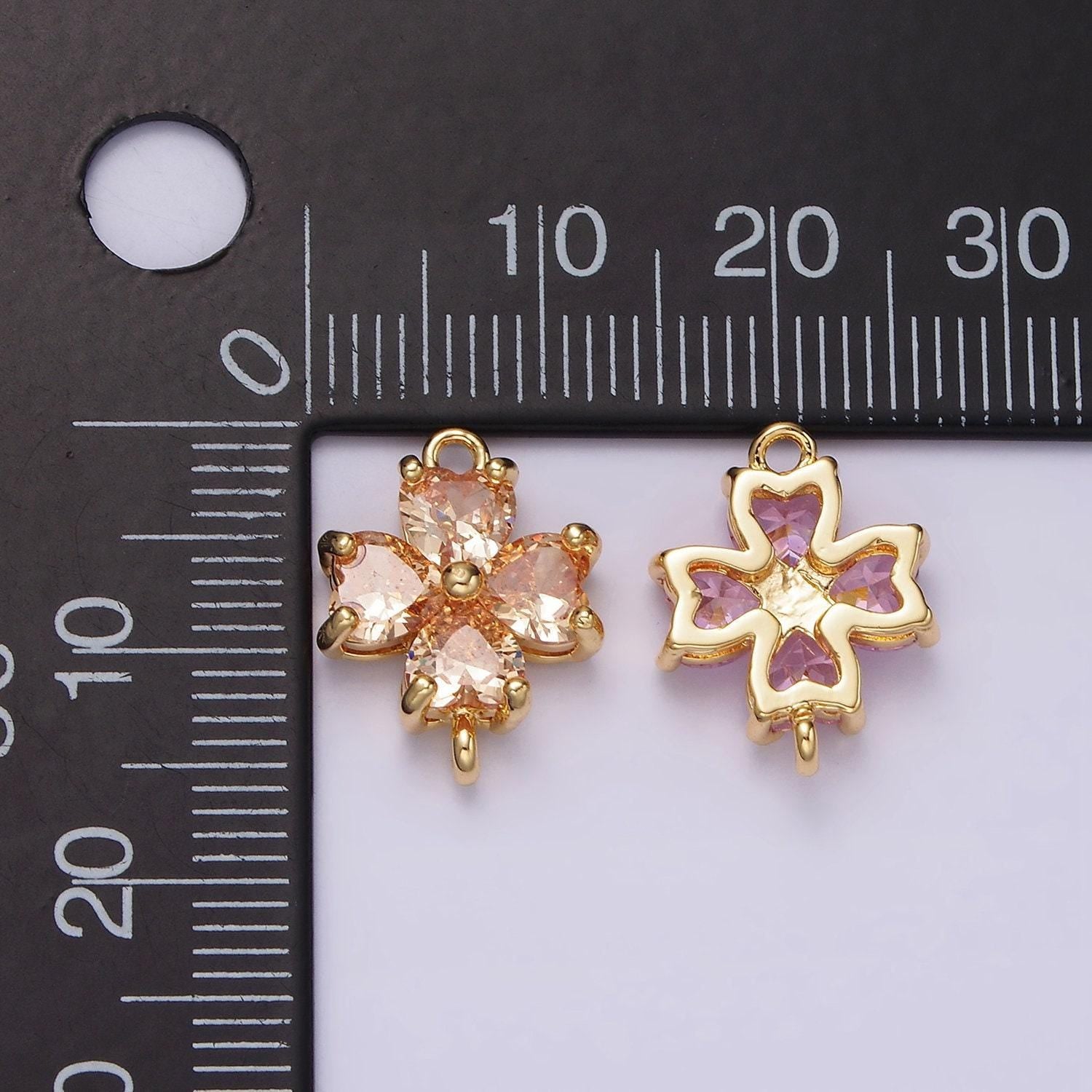 14k gold filled clear, peach, pink, purple, red cz heart petal flower connector in gold & silver | g913 - g202