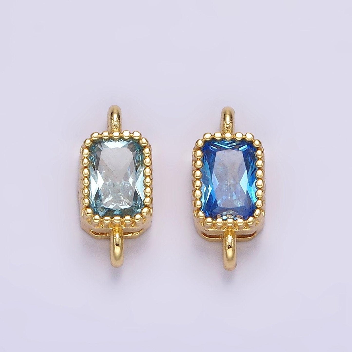 14k gold filled 5mm blue, baby blue cz baguette bezel connector | g176 g177