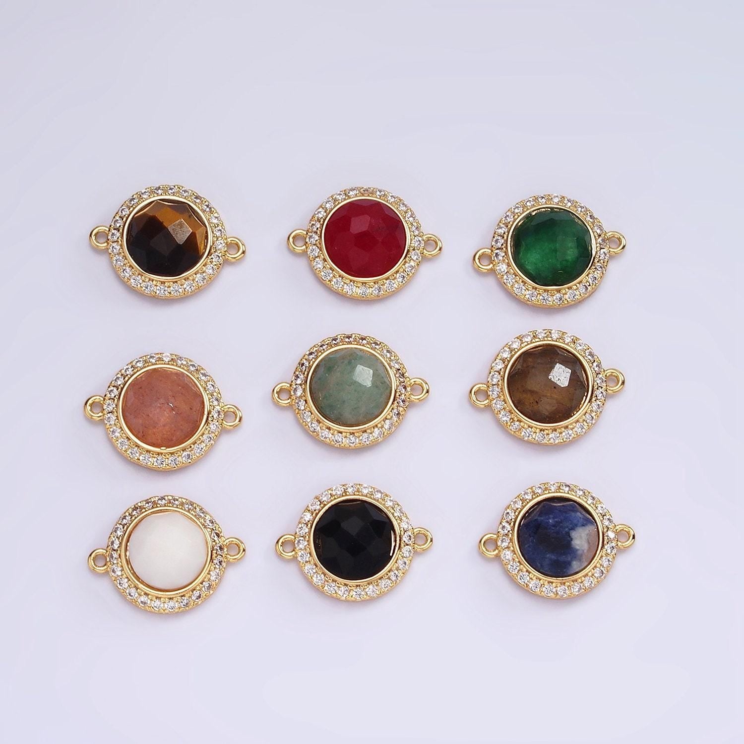 14k gold filled 12mm natural gemstone multifaceted micro paved cz round connector | g143 - g151