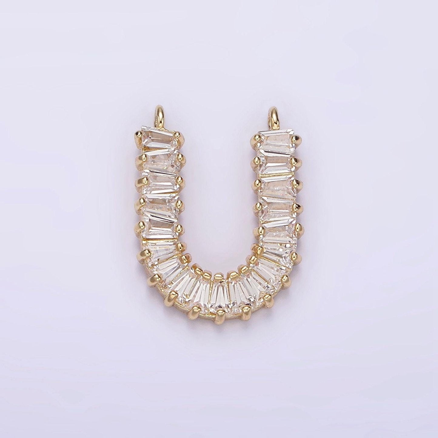Dainty 14k gold filled 18mm clear baguette lined u-shaped link connector | g064