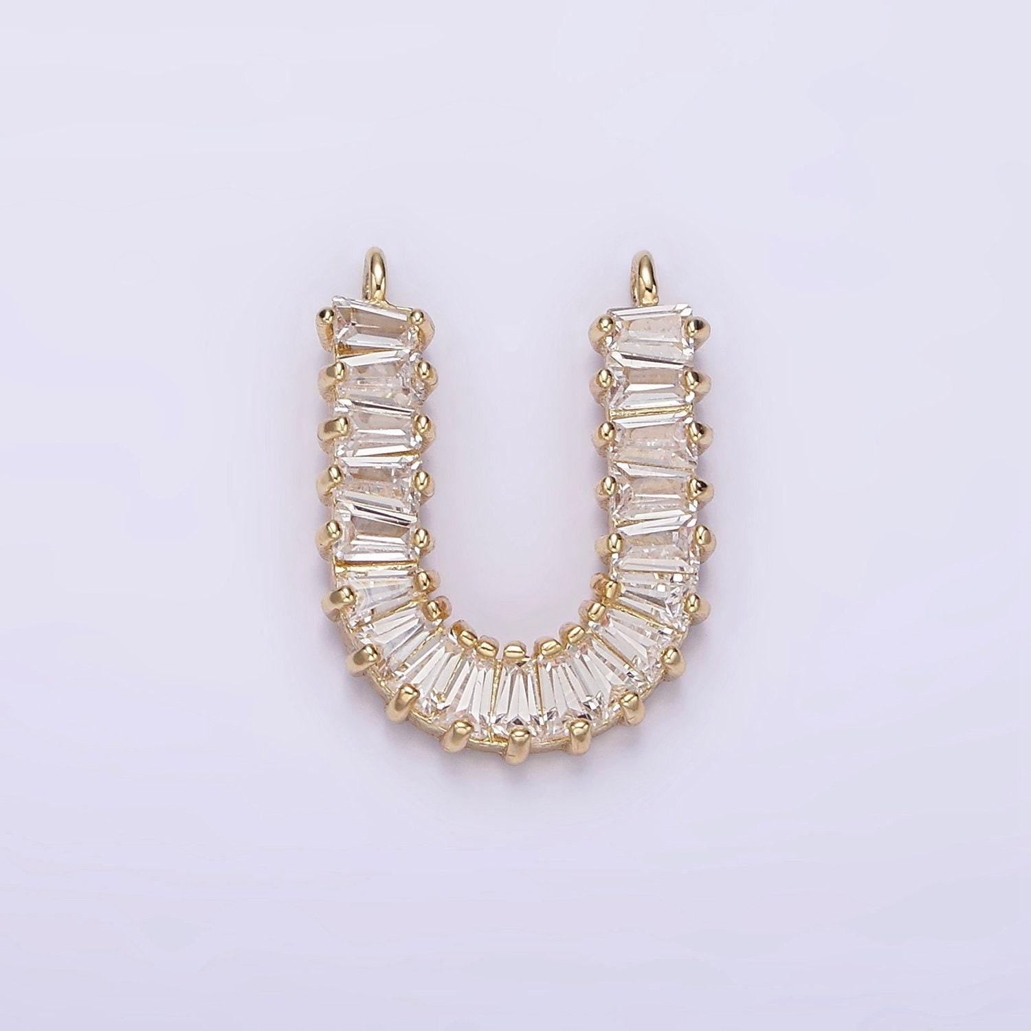 Dainty 14k gold filled 18mm clear baguette lined u-shaped link connector | g064