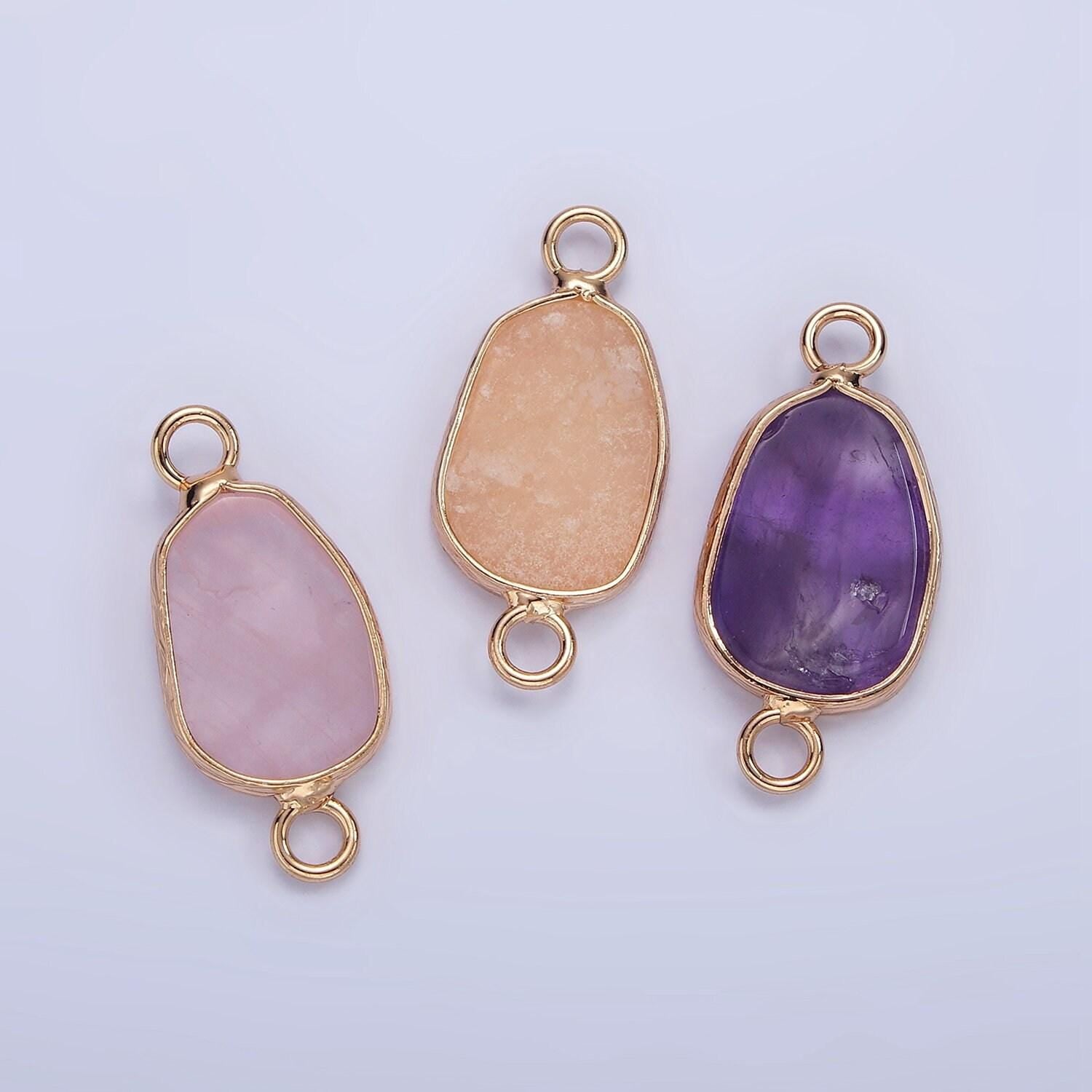 14k gold filled rose quartz, pink quartz, amethyst abstract oval bezel connector | g011 - g013