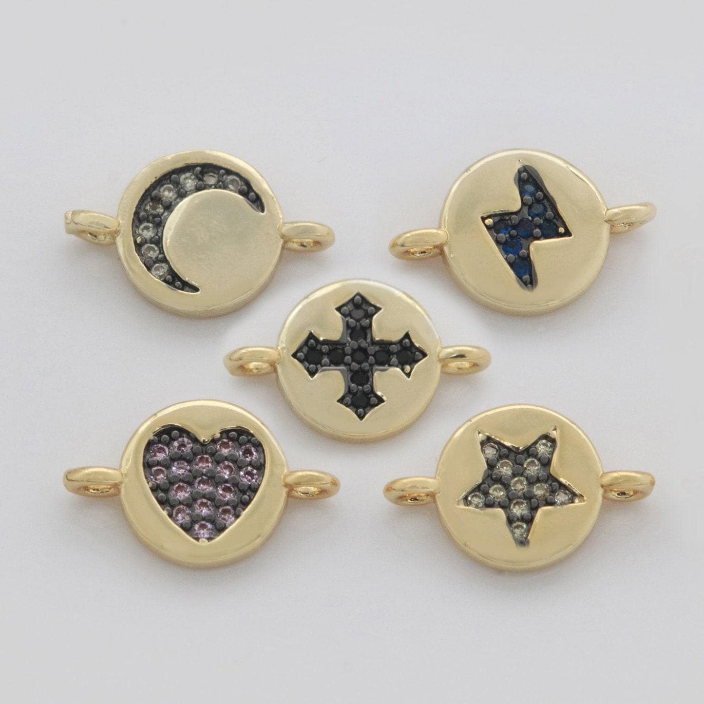 1pc gold filled round cz micro pave connector, cz heart, moon, star, lighting, cross bracelet connector making supply findings f-911- f-915