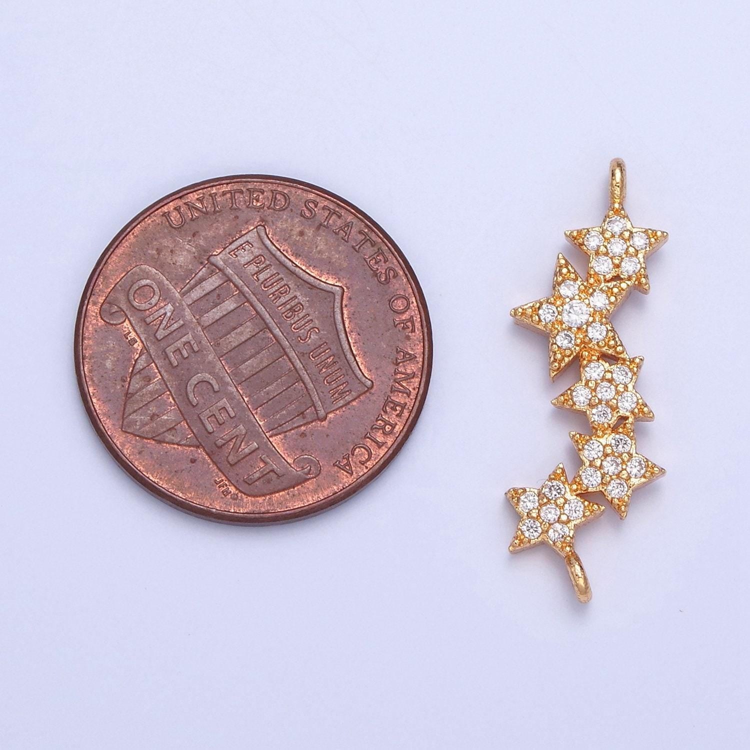 16k gold dainty 5 linked stars micro pave cz clear stone pendant, add on star charm dainty crystal cz for necklace bracelet supply | f-792