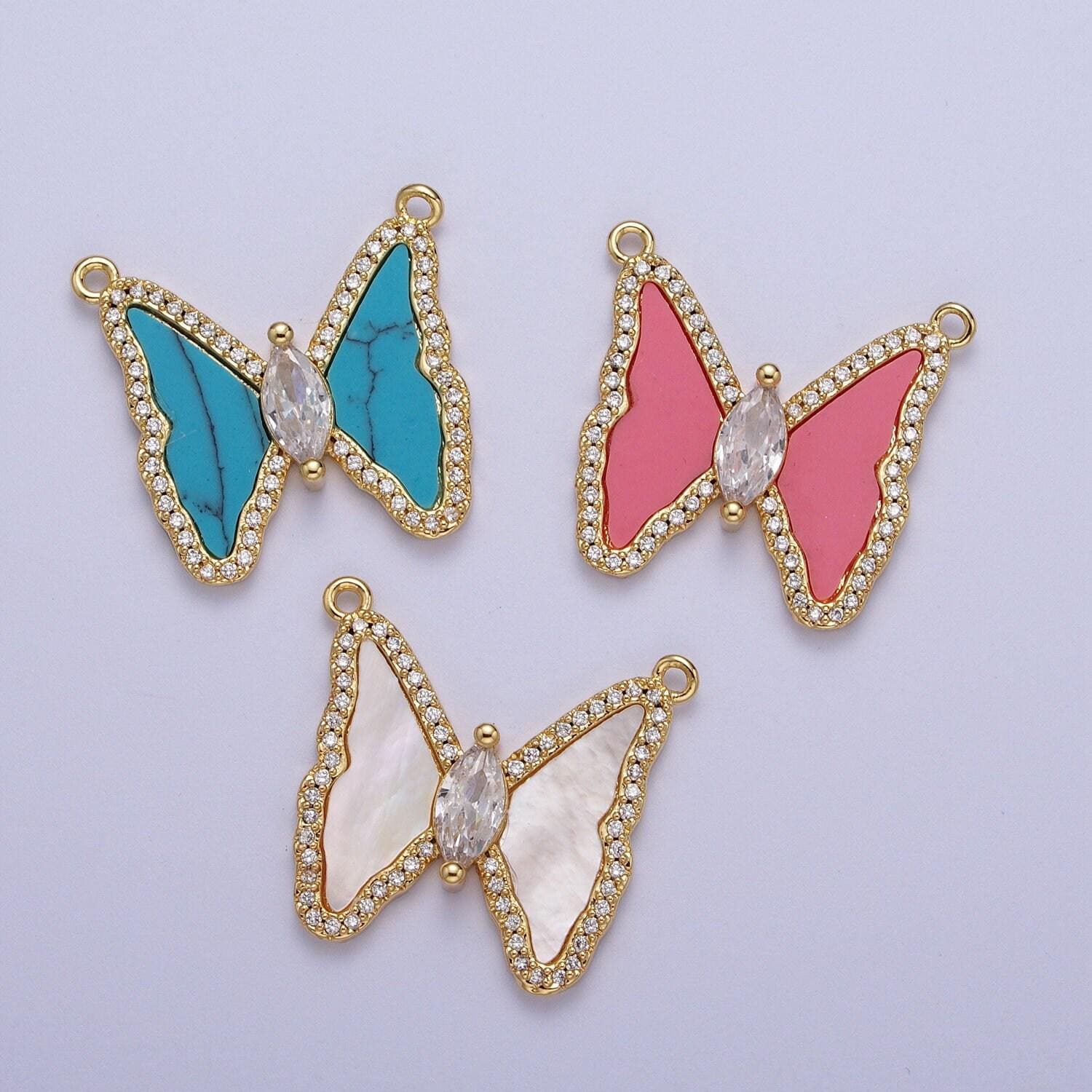 Gold clear micro paved marquise cz matte pink, turquoise cabochon, white shell pearl natural gemstones mariposa butterfly charm connectors