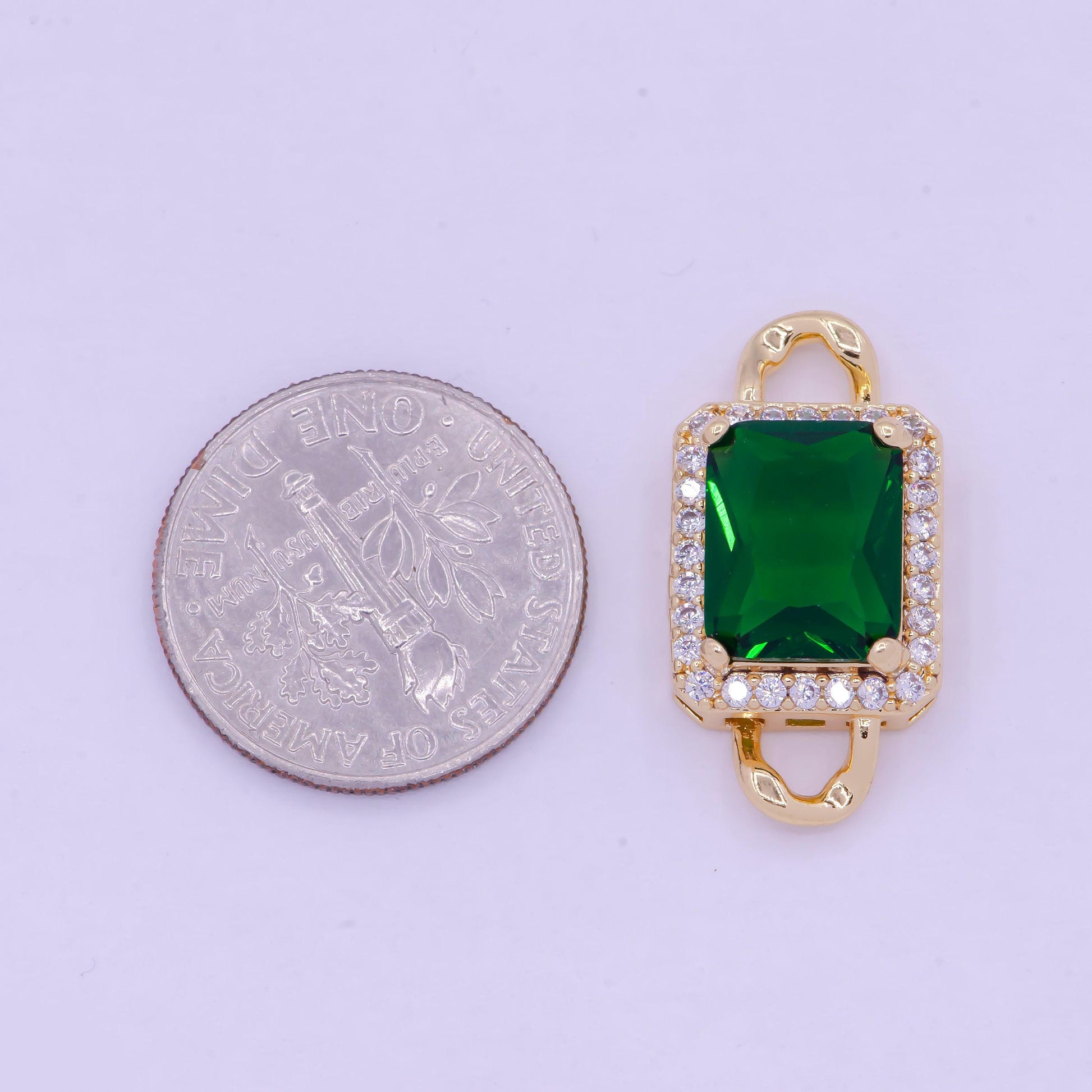 Emerald green and dark ruby red rectangular medallion royal charm connector, 24k gold plated micro pave cz link connector | f-731, f-774