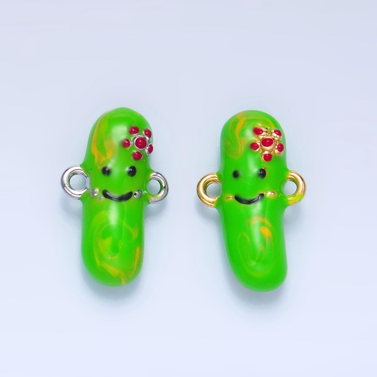 24k gold filled green pickle charm connector kawaii foodie enamel kids charm bracelet supply | f766