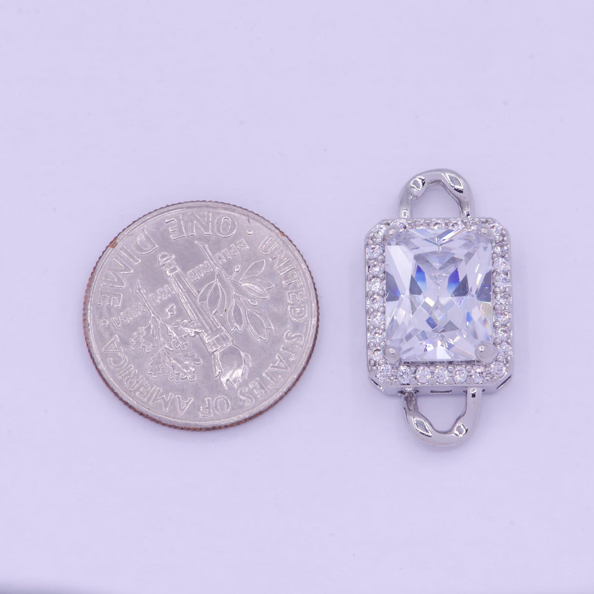 Bright silver clear rectangular medallion royal charm connector, white gold plated clear micro pave cz rectangule link connector | f-765