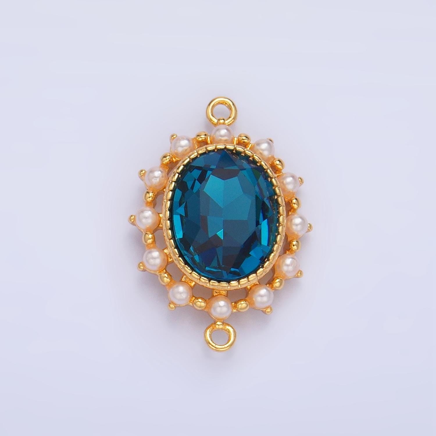 Blue cz oval shaped bezel shell pearl 24k gold filled charm connector | f-729