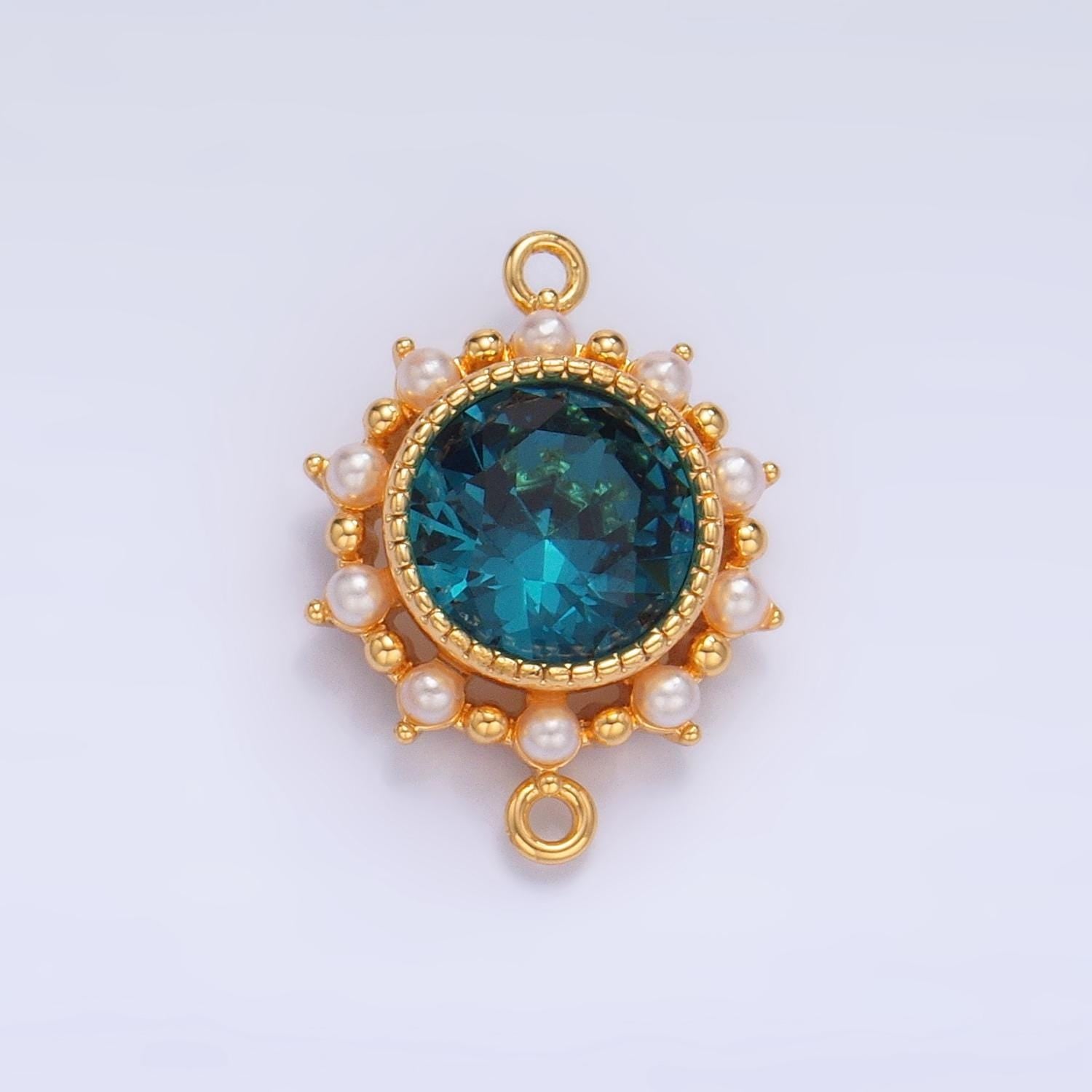 Blue cz round bezel shell pearl 24k gold filled charm connector | f-719