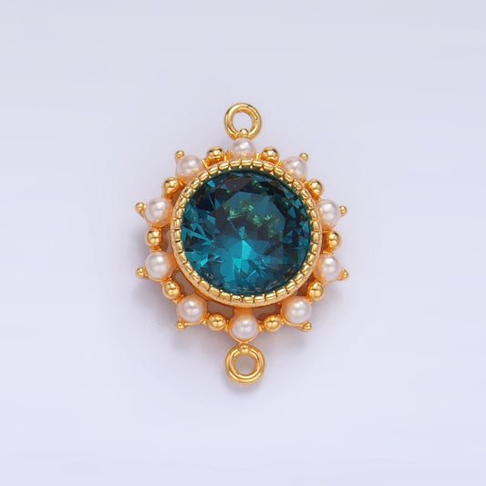 Blue cz round bezel shell pearl 24k gold filled charm connector | f-719
