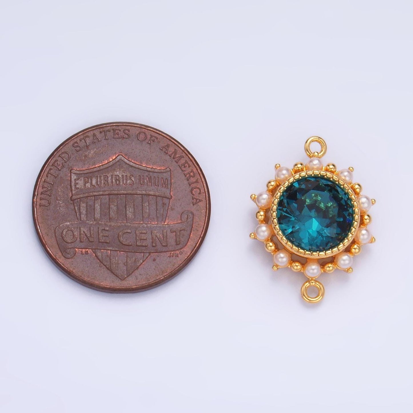 Blue cz round bezel shell pearl 24k gold filled charm connector | f-719