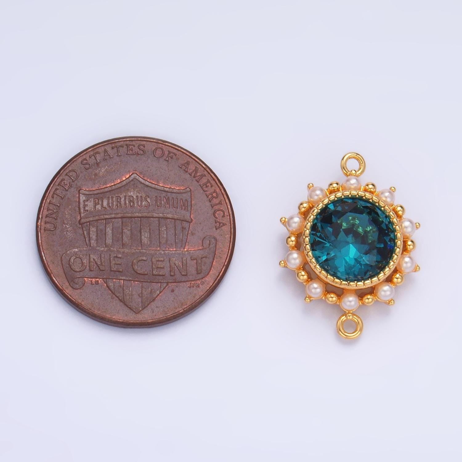 Blue cz round bezel shell pearl 24k gold filled charm connector | f-719