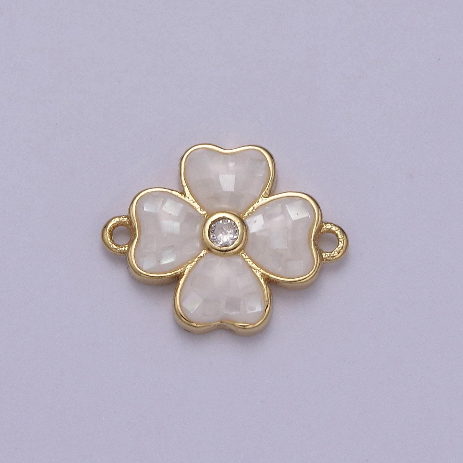 Gold clover charm connector silver white shell lucky flower leaf shaped connector with 2 hole - jewelry supplies | f-705, f-706