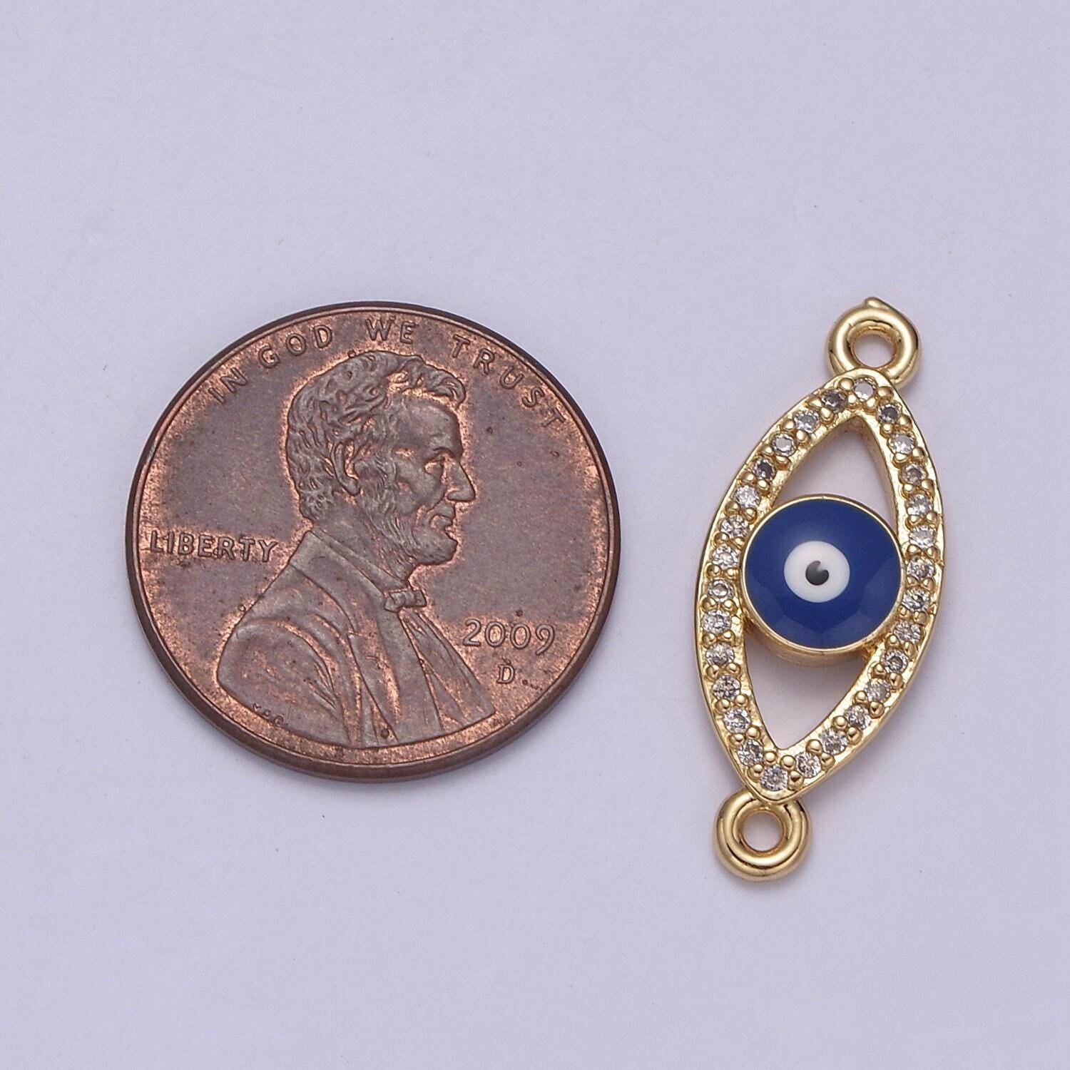 Gold evil eye charm with two holes, bracelet charms, micro pave eye charm connector link connector cz jewelry | f-676