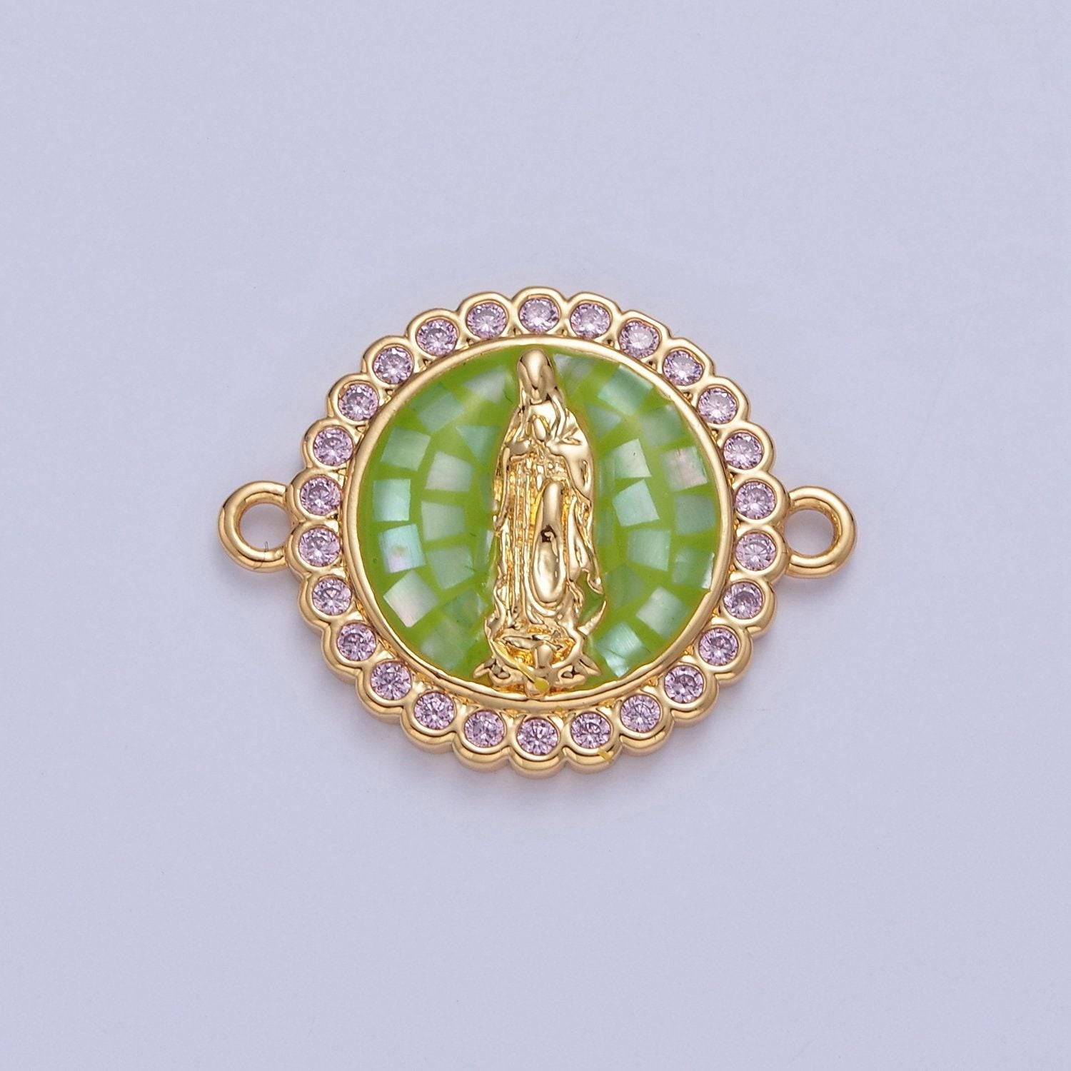 24k gold filled micro pave cz lady guadalupe cathedral stained-window design charm connector, cz pave virgin mary charm | f-651~ f-654