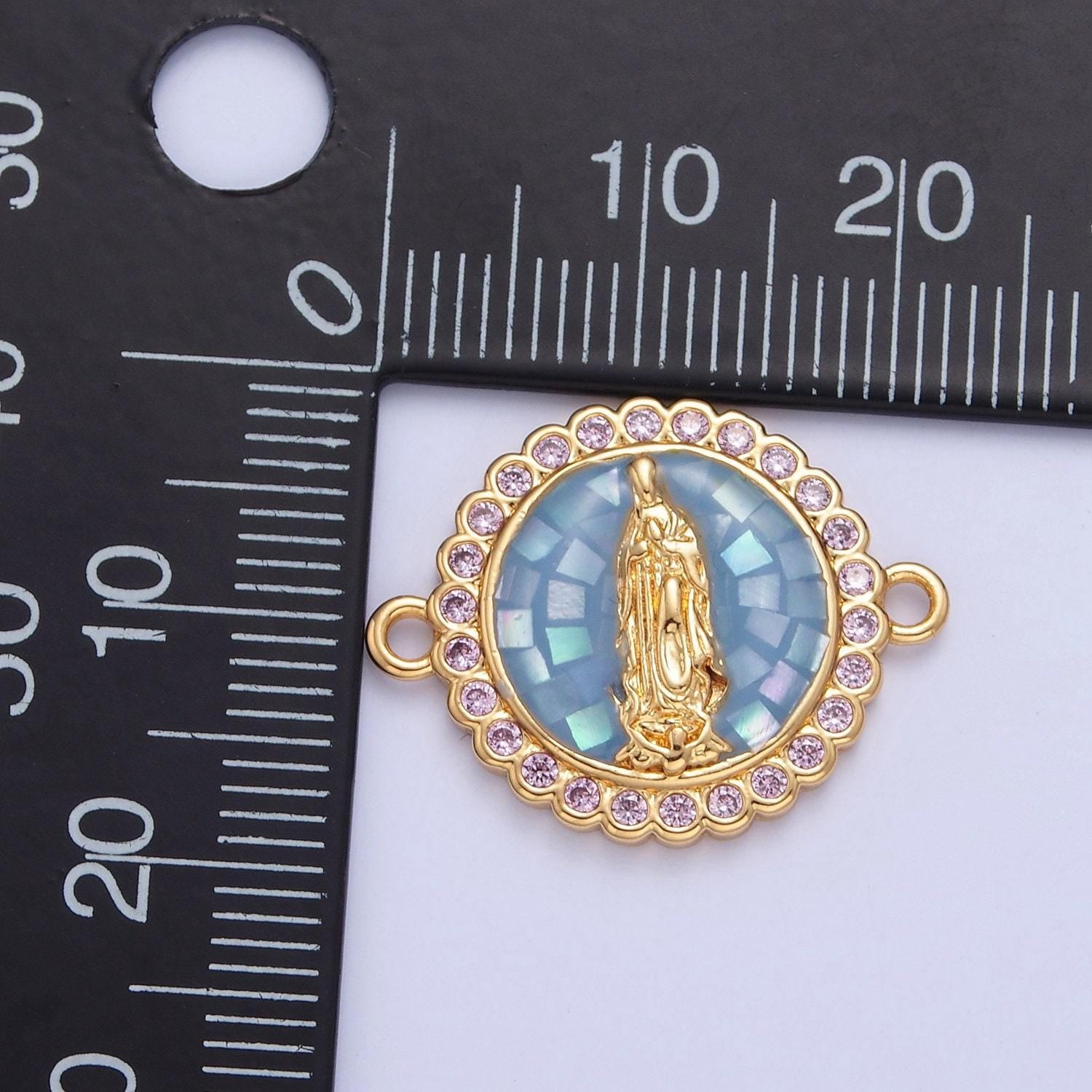 24k gold filled micro pave cz lady guadalupe cathedral stained-window design charm connector, cz pave virgin mary charm | f-651~ f-654