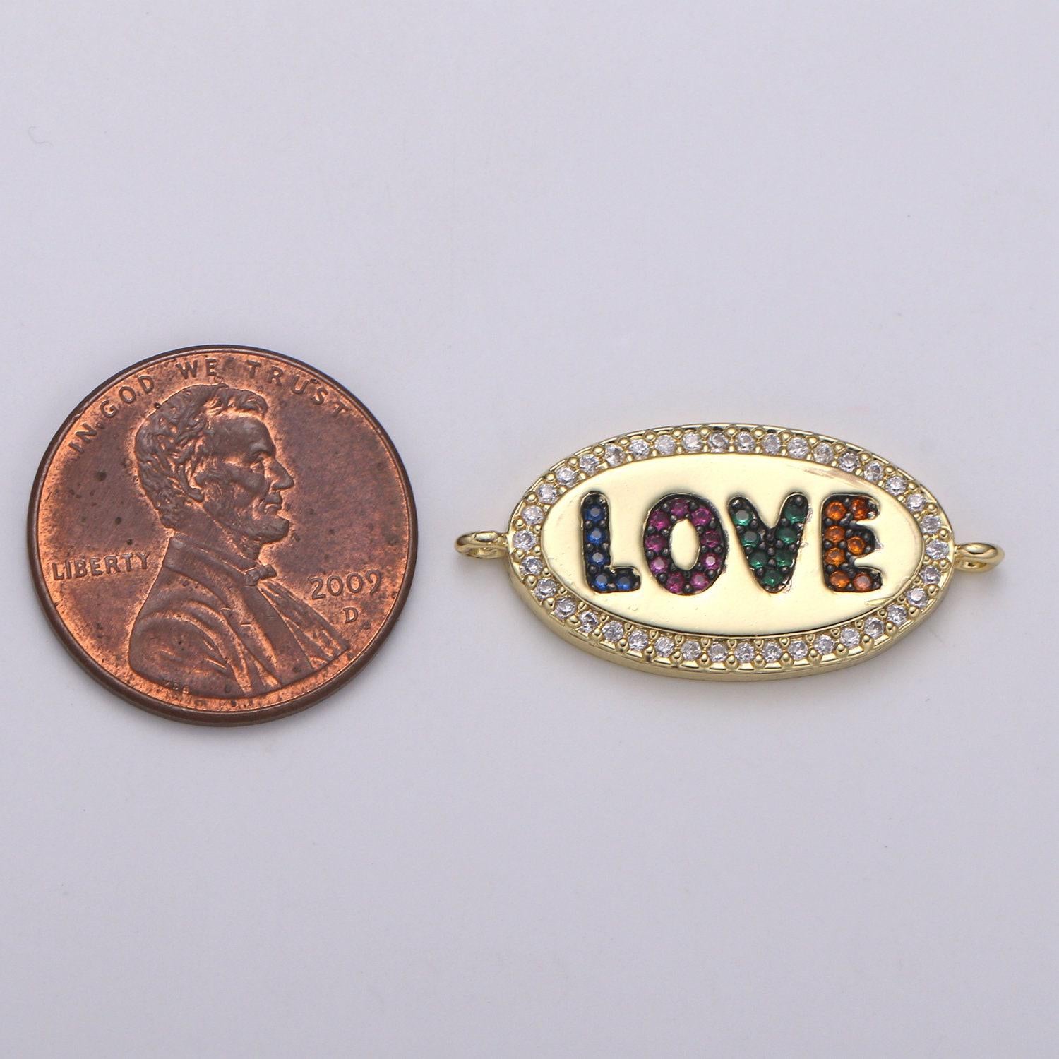 14k gold love bracelet connector charm link connector oval shape connector, cz pave bracelet necklace component supply