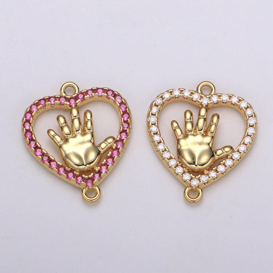 1pc red and clear 24k gold micro pave cz heart pendant charm, hand micro pave cz pendant hi five charm for diy jewelry, f-573, f-574