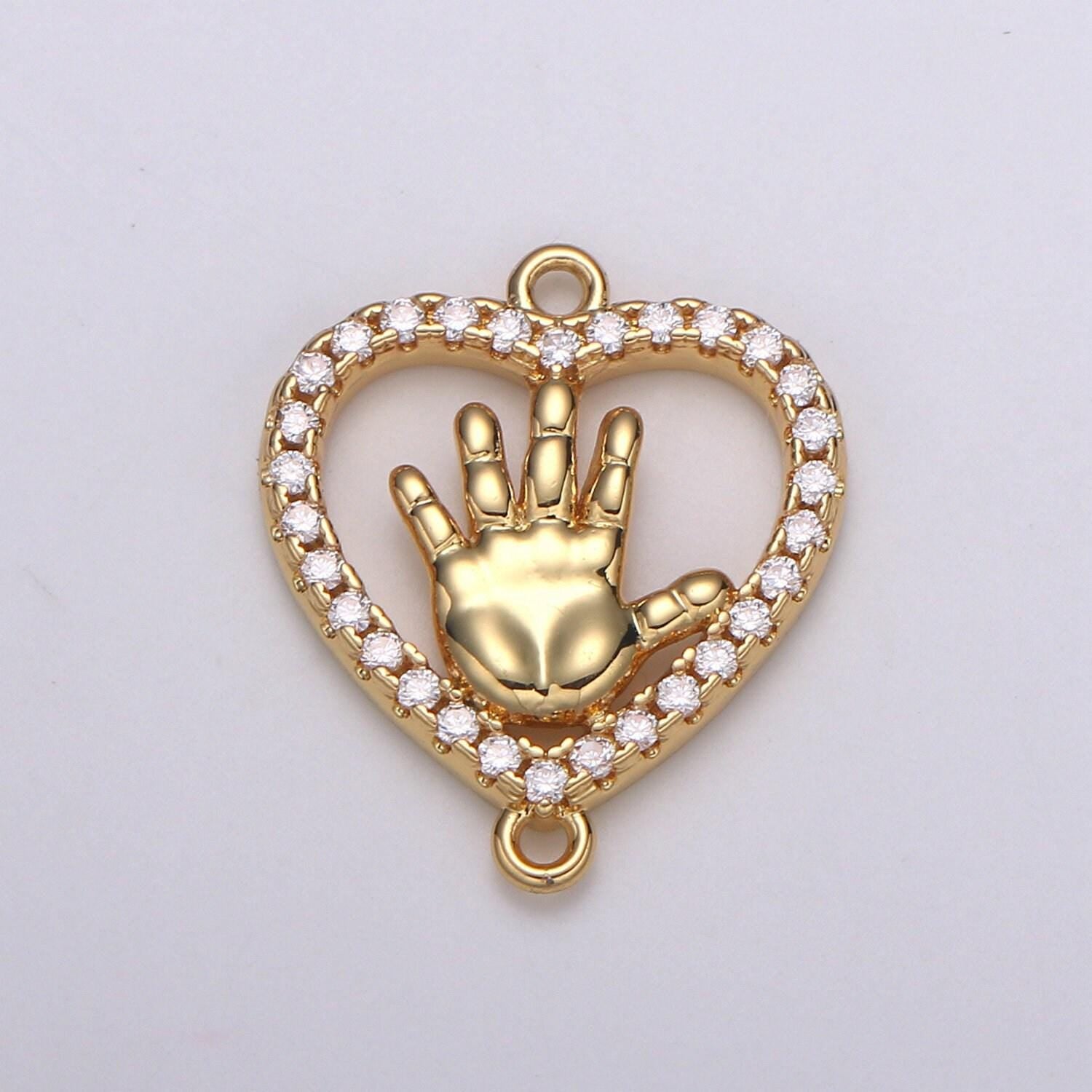 1pc red and clear 24k gold micro pave cz heart pendant charm, hand micro pave cz pendant hi five charm for diy jewelry, f-573, f-574