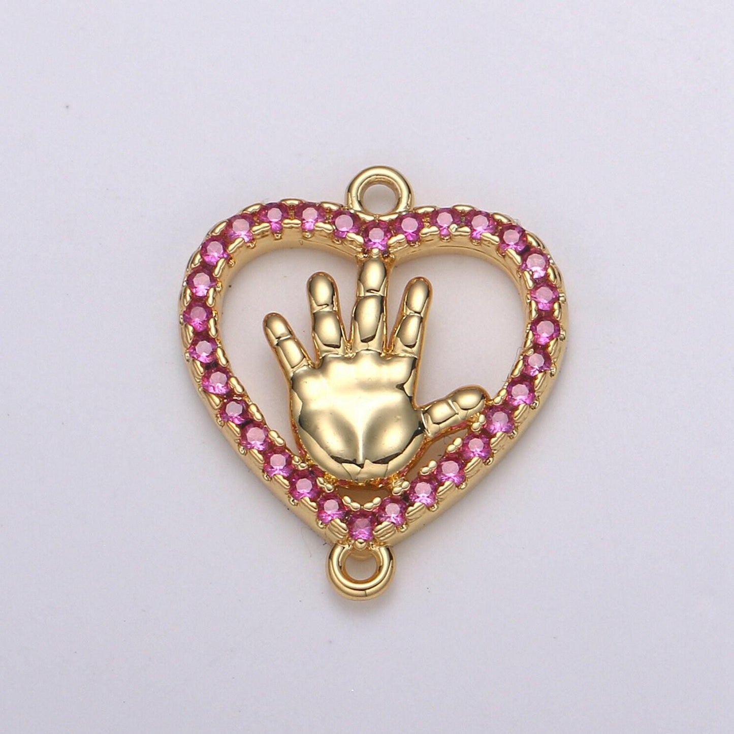 1pc red and clear 24k gold micro pave cz heart pendant charm, hand micro pave cz pendant hi five charm for diy jewelry, f-573, f-574