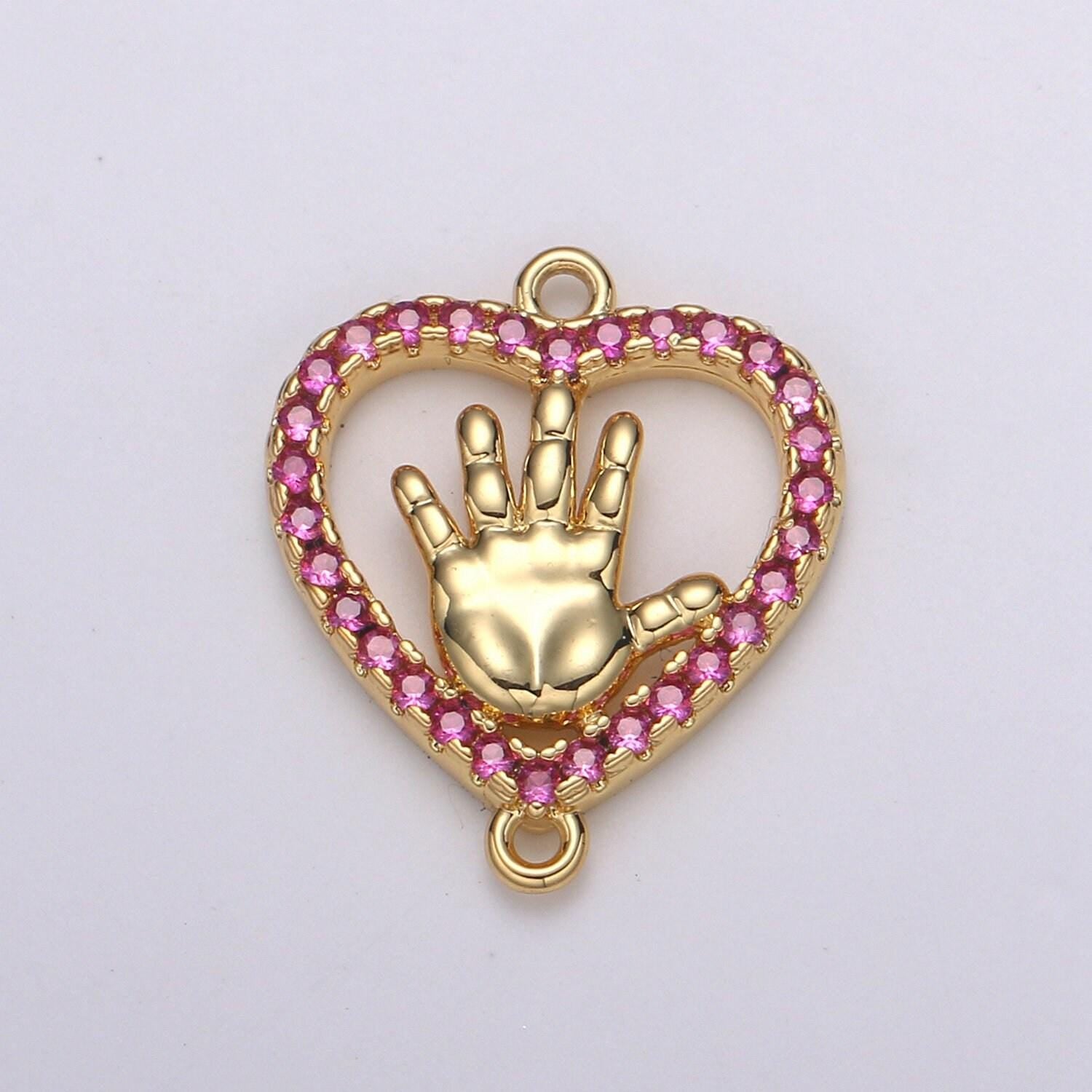 1pc red and clear 24k gold micro pave cz heart pendant charm, hand micro pave cz pendant hi five charm for diy jewelry, f-573, f-574