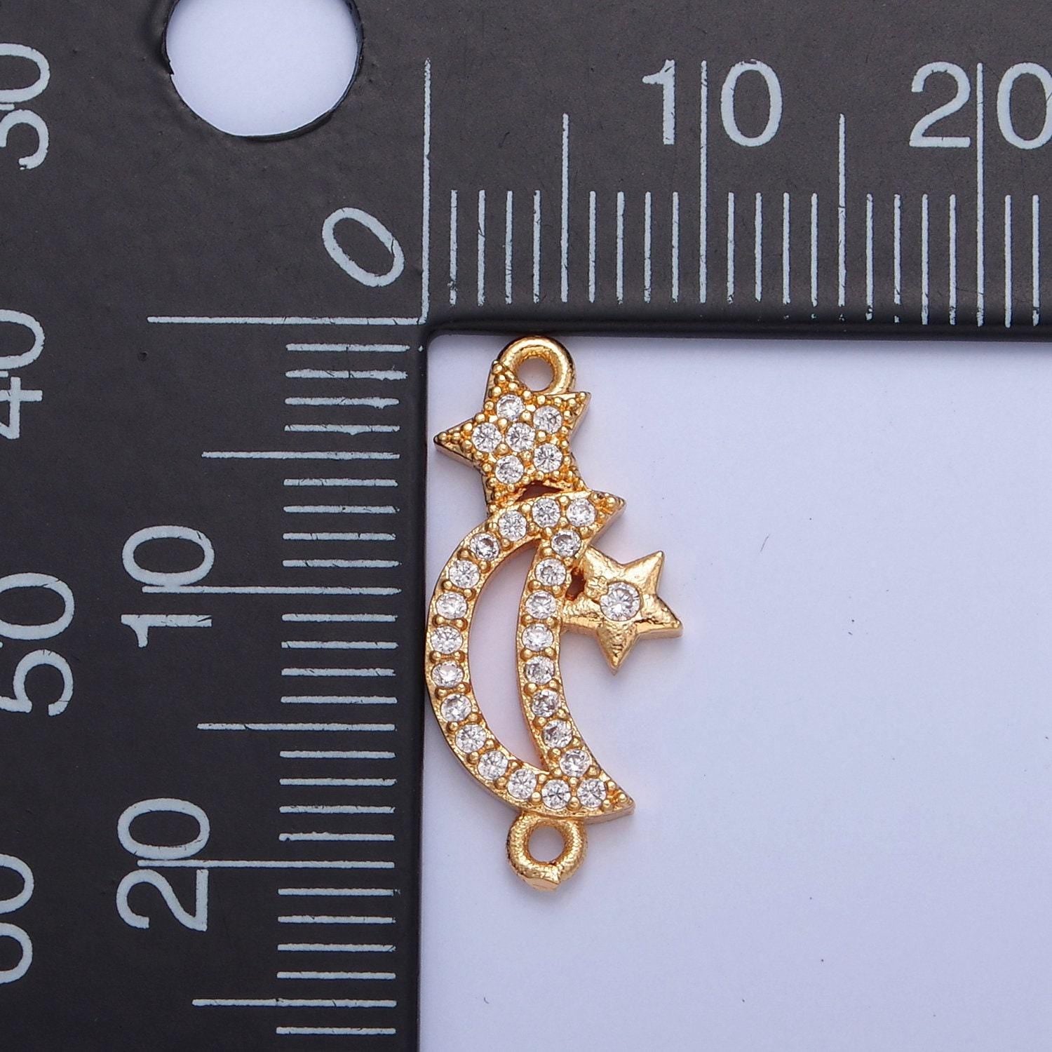 16k gold filled moon and stars micro pave cz stone connector, add on celestial night charm crystal cz for necklace bracelet supply | f-556
