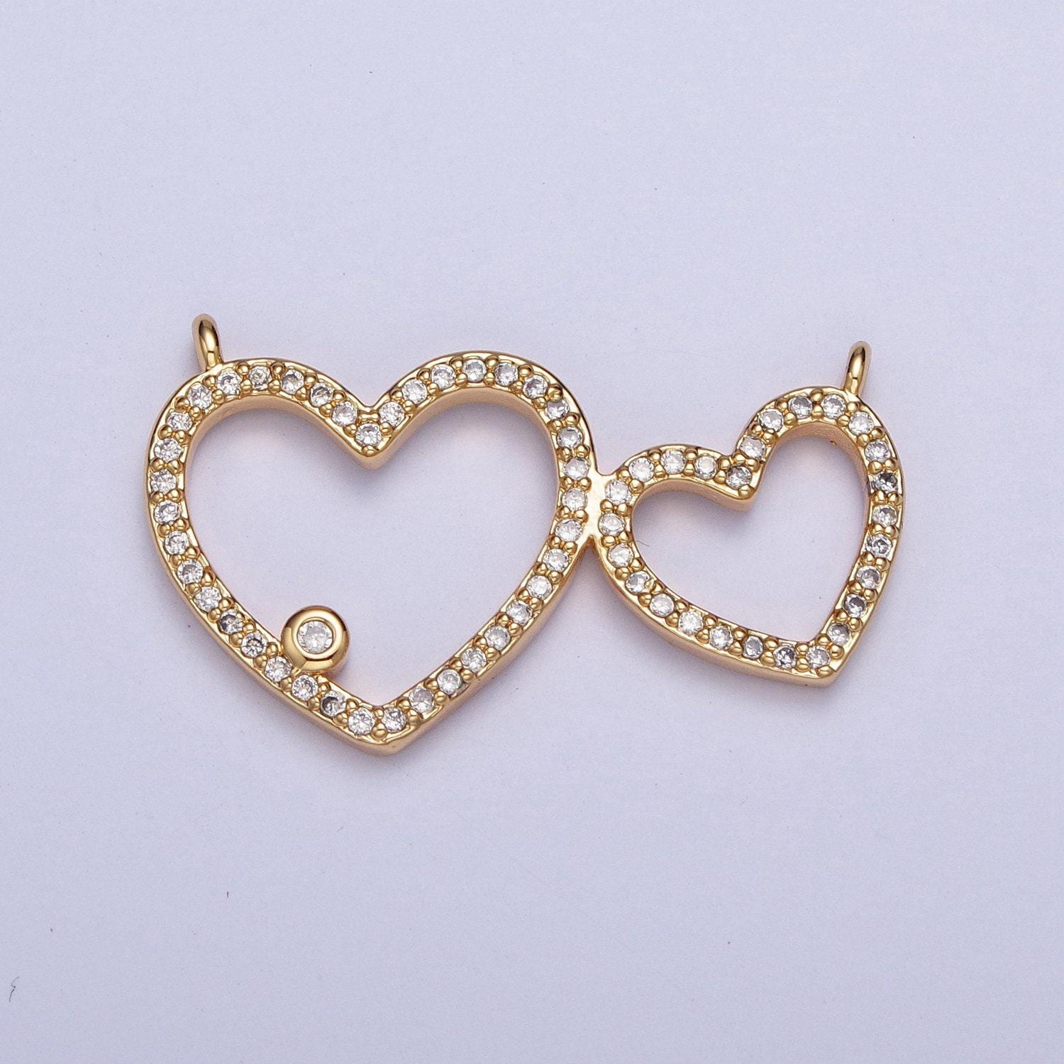 24k gold filled love hearts linked together micro pave cz stone connector, add on link charm crystal cz for necklace bracelet supply | f-488