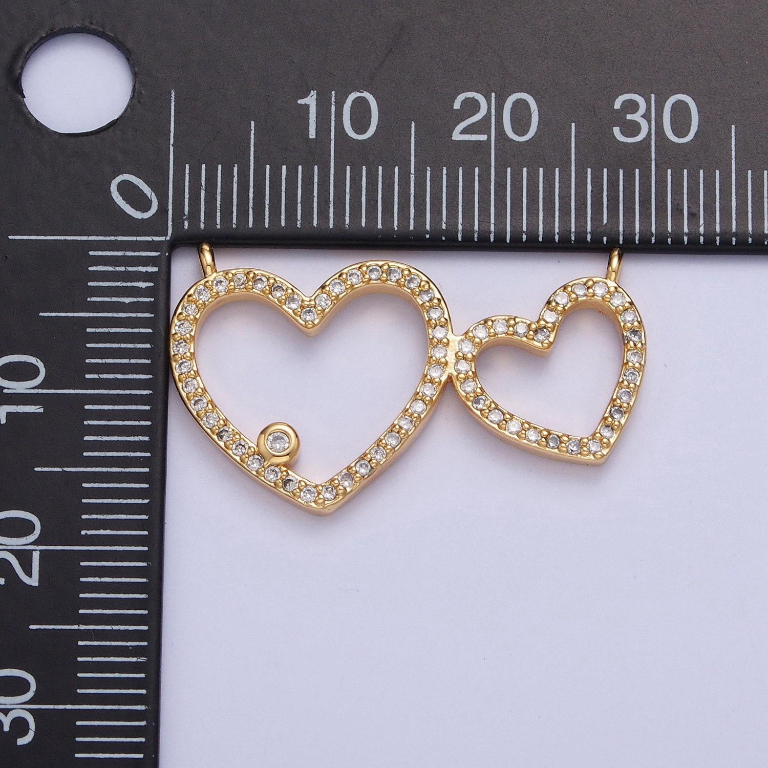 24k gold filled love hearts linked together micro pave cz stone connector, add on link charm crystal cz for necklace bracelet supply | f-488