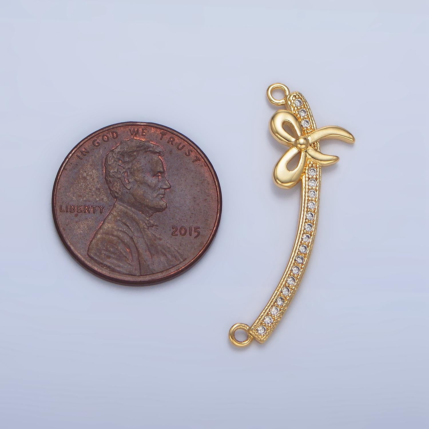 Curved bar micro paved cz + ribbon bow 24k gold filled connector | f-465