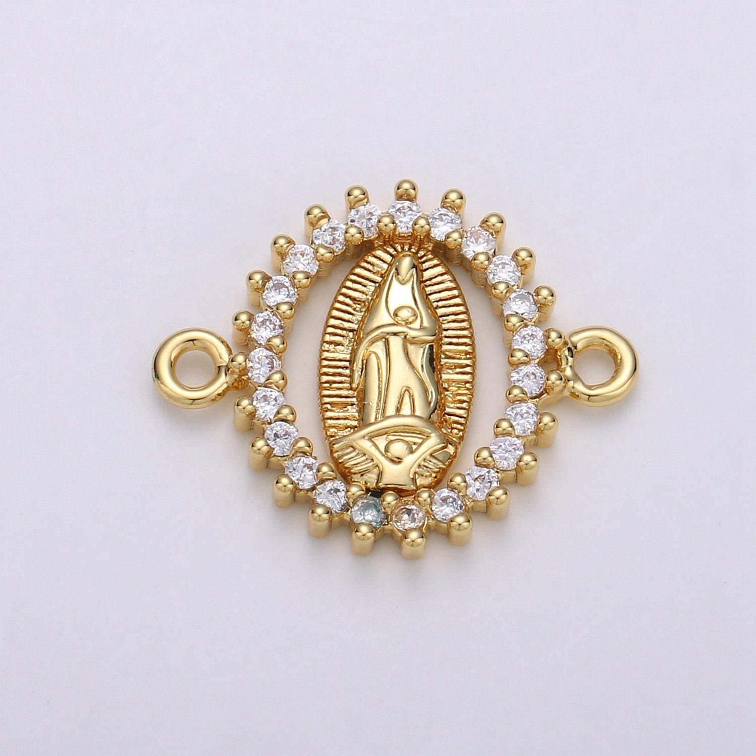 Cz micro paved gold virgin mother mary connectors, catholic baptism charm, medallion religious jewelry craft supply