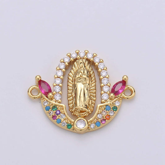 Gold divine floral virgin mother charm connector, 24k gold multicolored micro pave cz cubic zirconia flower link connector | f-452