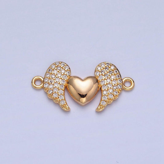 16k gold filled love heart angels wings micro pave cz stone connector, add on link charm crystal cz for necklace bracelet supply | f-416