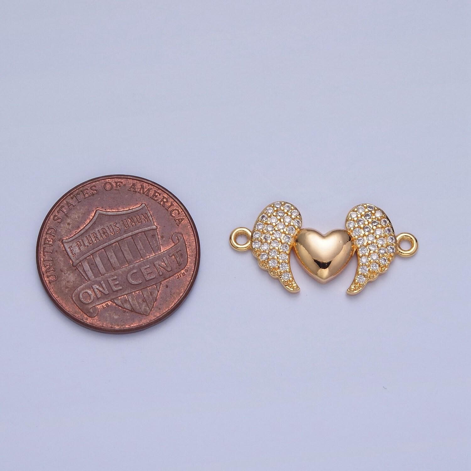 16k gold filled love heart angels wings micro pave cz stone connector, add on link charm crystal cz for necklace bracelet supply | f-416