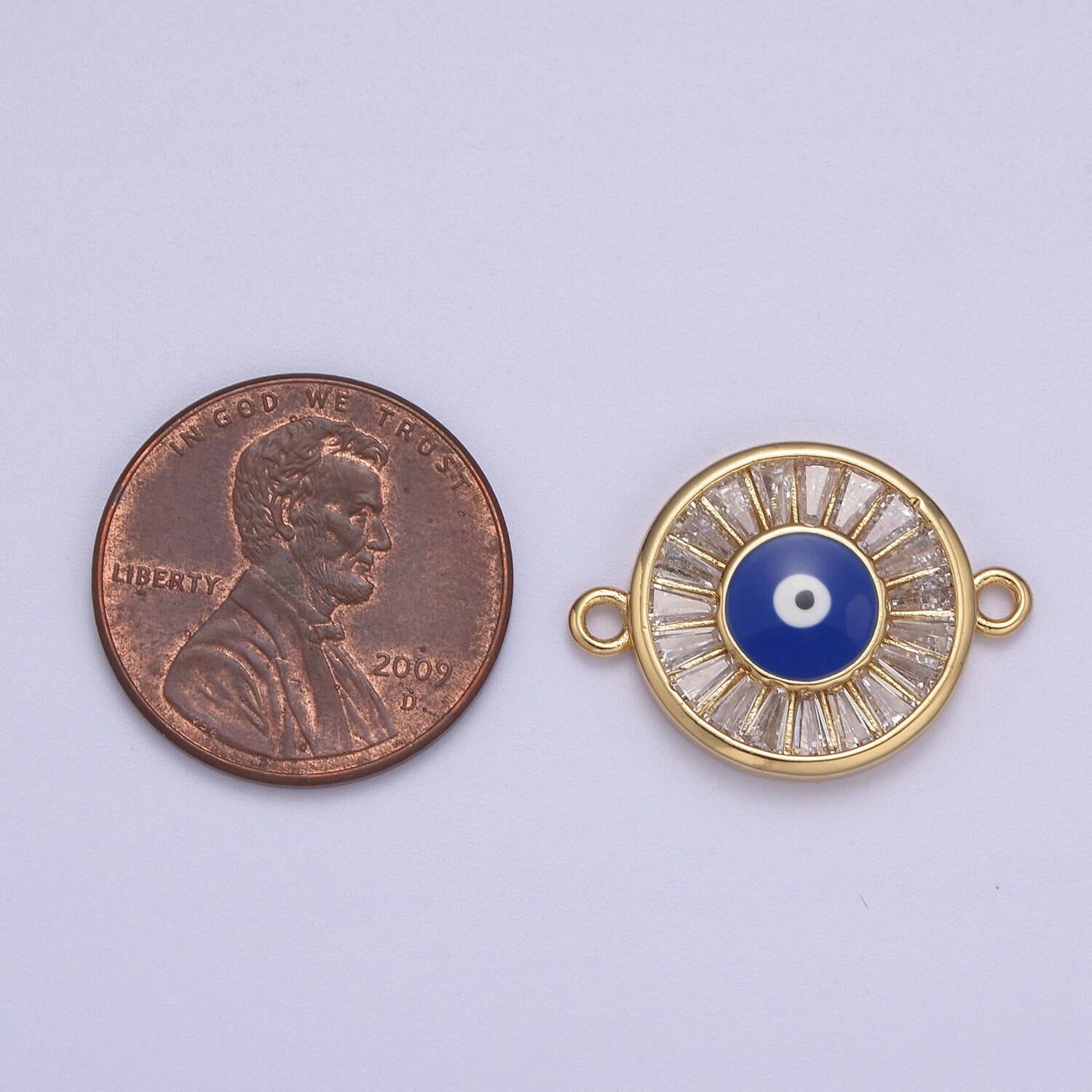 Gold pave cz evil eye charm connector with blue eye enamel link connector for bracelet f-230