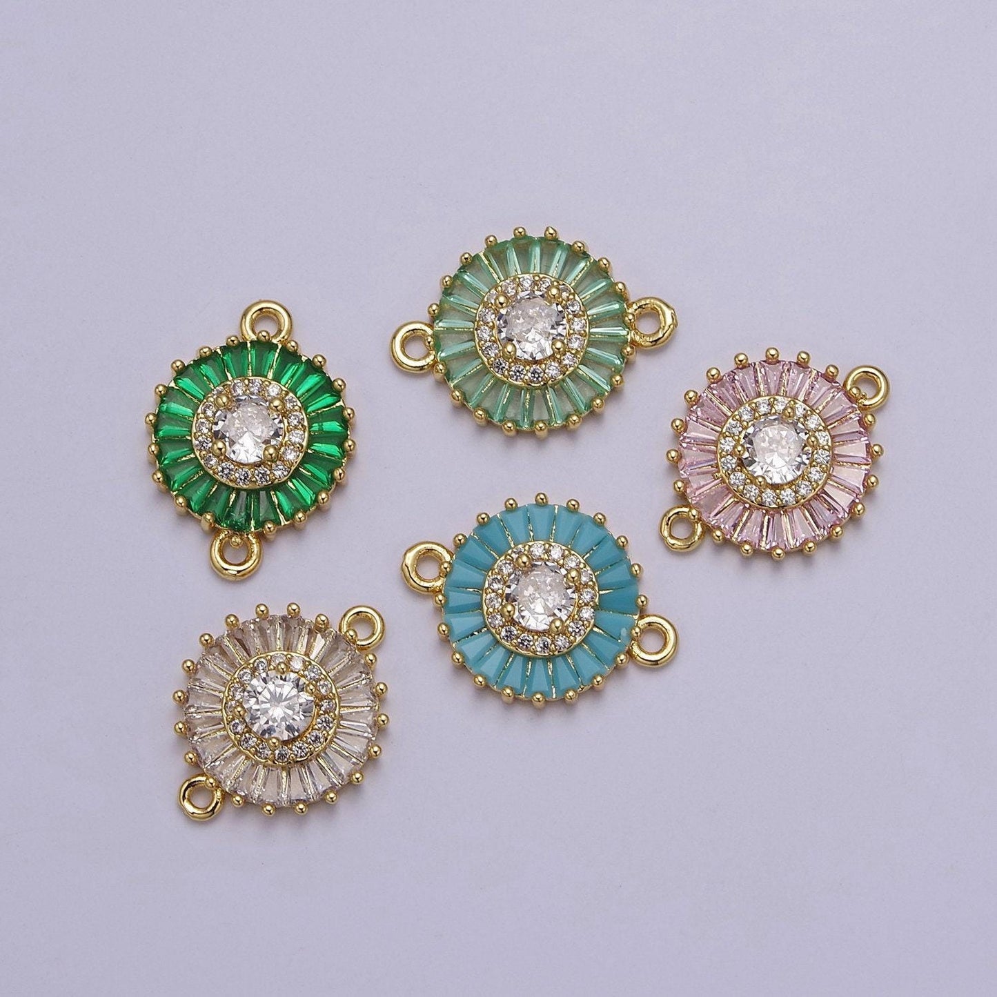 20.6x15.2mm 24k gold filled pave circle bracelet charm, baguette stone bracelet charm, two-hole round charm, pave sunburs link connector