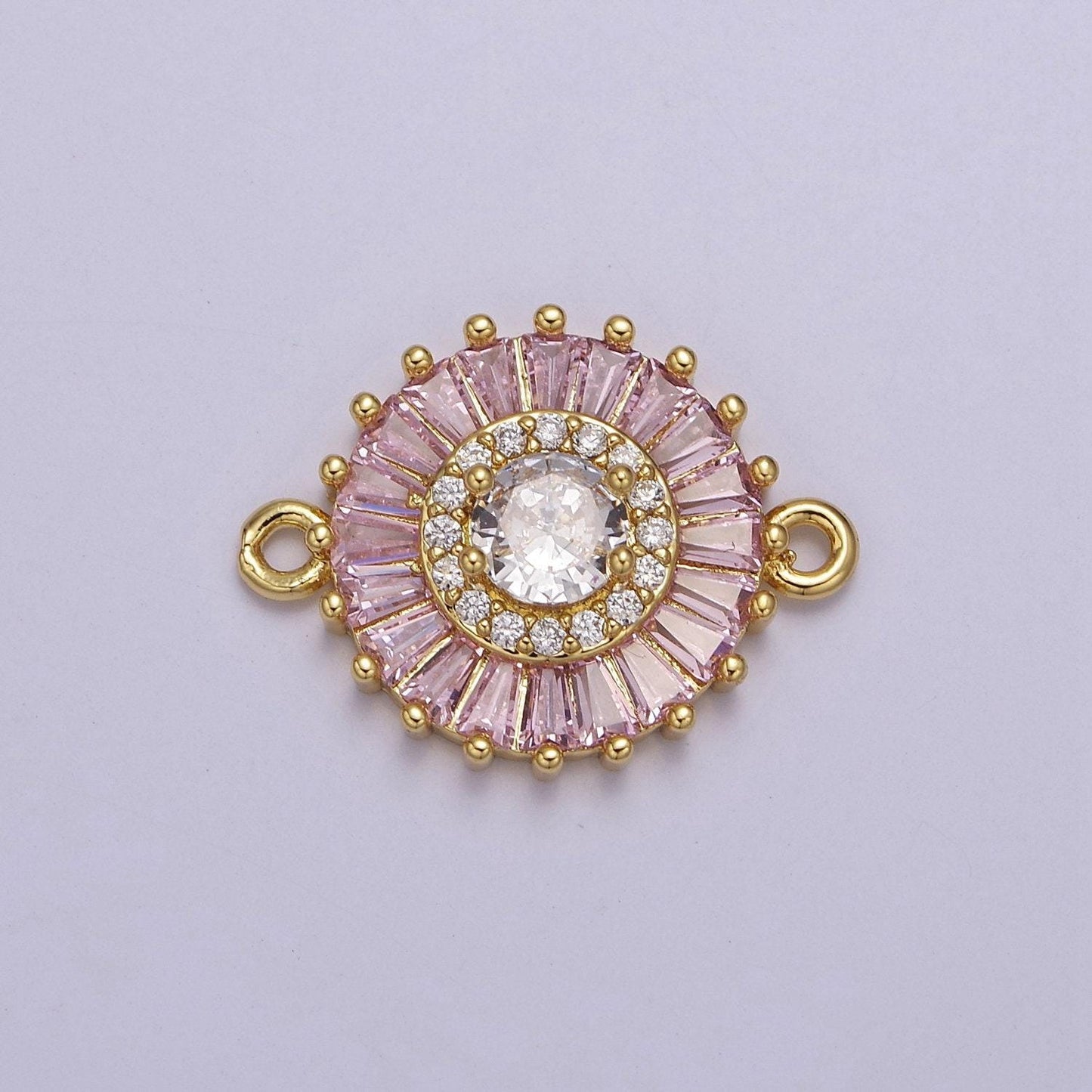 20.6x15.2mm 24k gold filled pave circle bracelet charm, baguette stone bracelet charm, two-hole round charm, pave sunburs link connector