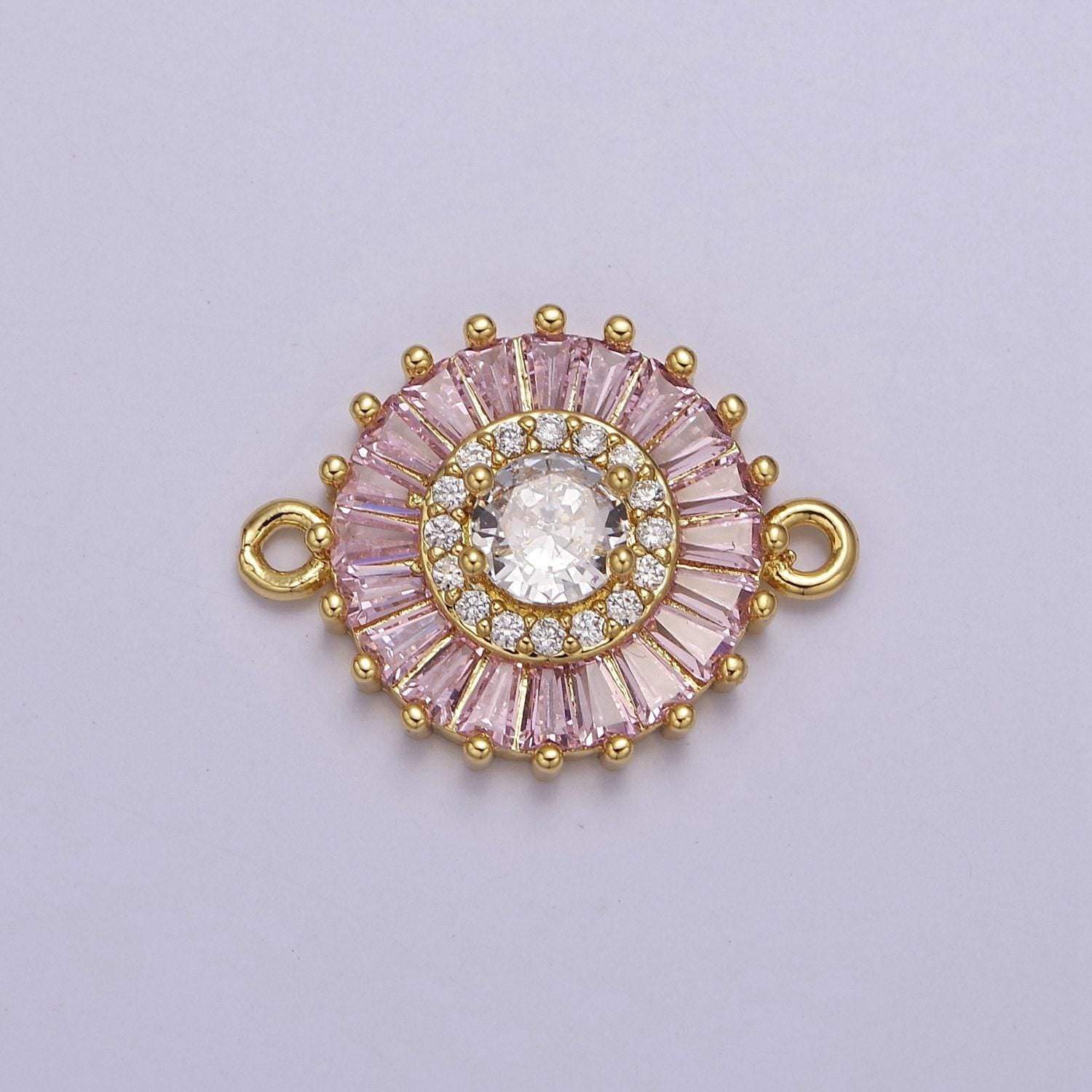 20.6x15.2mm 24k gold filled pave circle bracelet charm, baguette stone bracelet charm, two-hole round charm, pave sunburs link connector