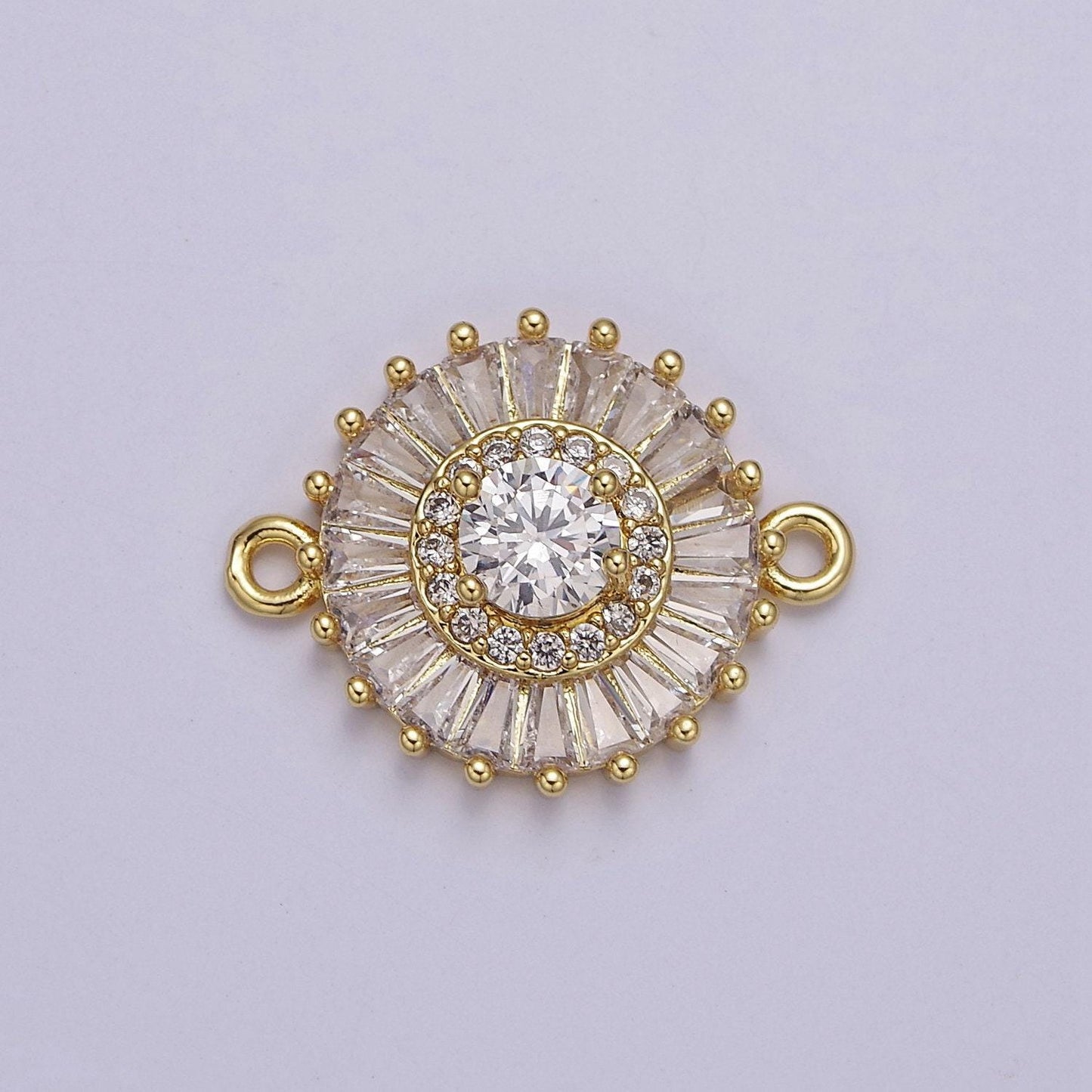 20.6x15.2mm 24k gold filled pave circle bracelet charm, baguette stone bracelet charm, two-hole round charm, pave sunburs link connector
