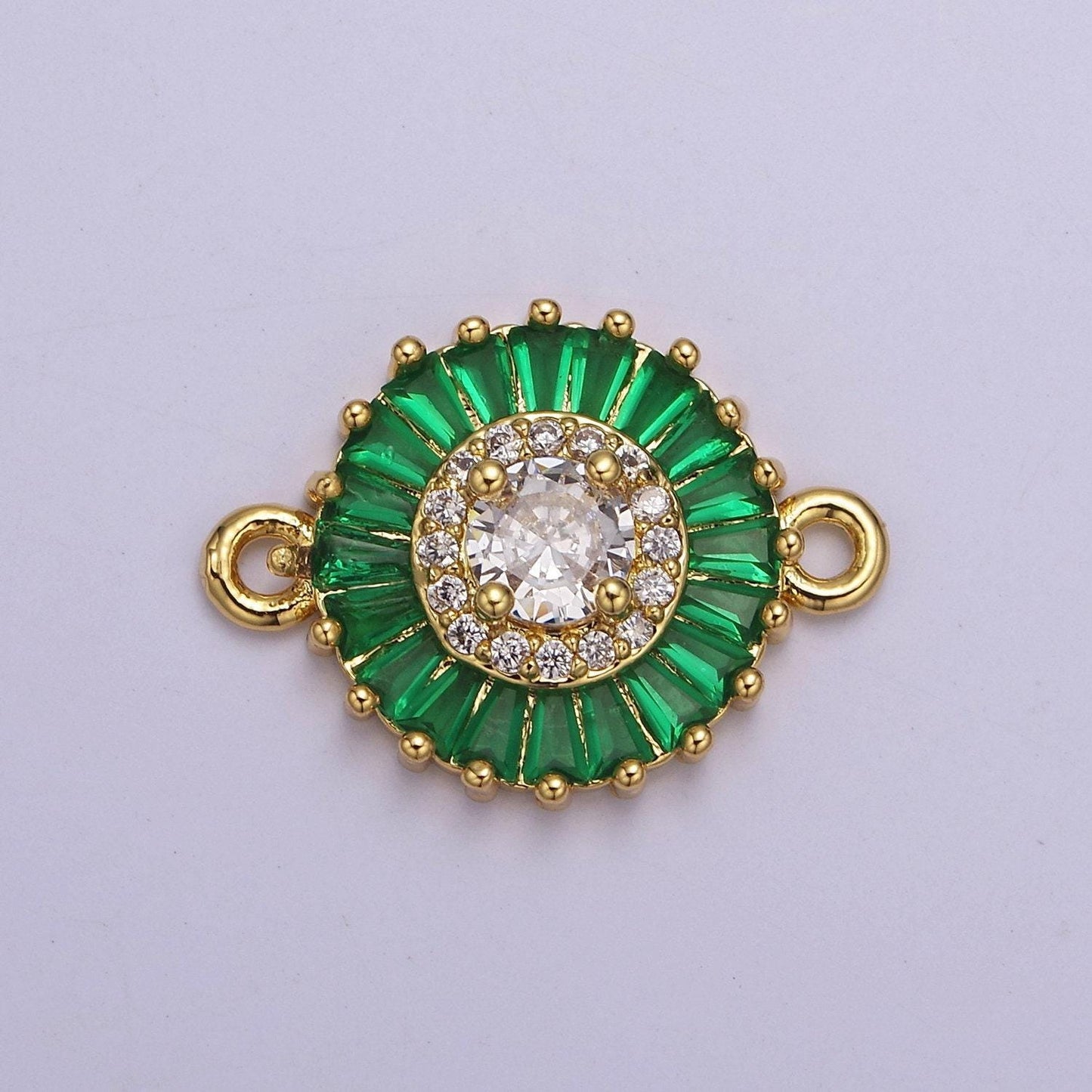 20.6x15.2mm 24k gold filled pave circle bracelet charm, baguette stone bracelet charm, two-hole round charm, pave sunburs link connector