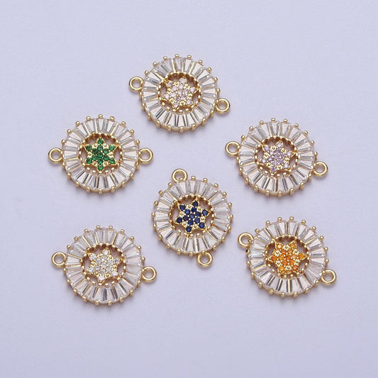 24k gold filled micro pave 6-point star circle link connector, colored baguette stone bracelet connector, round sunburst link connector