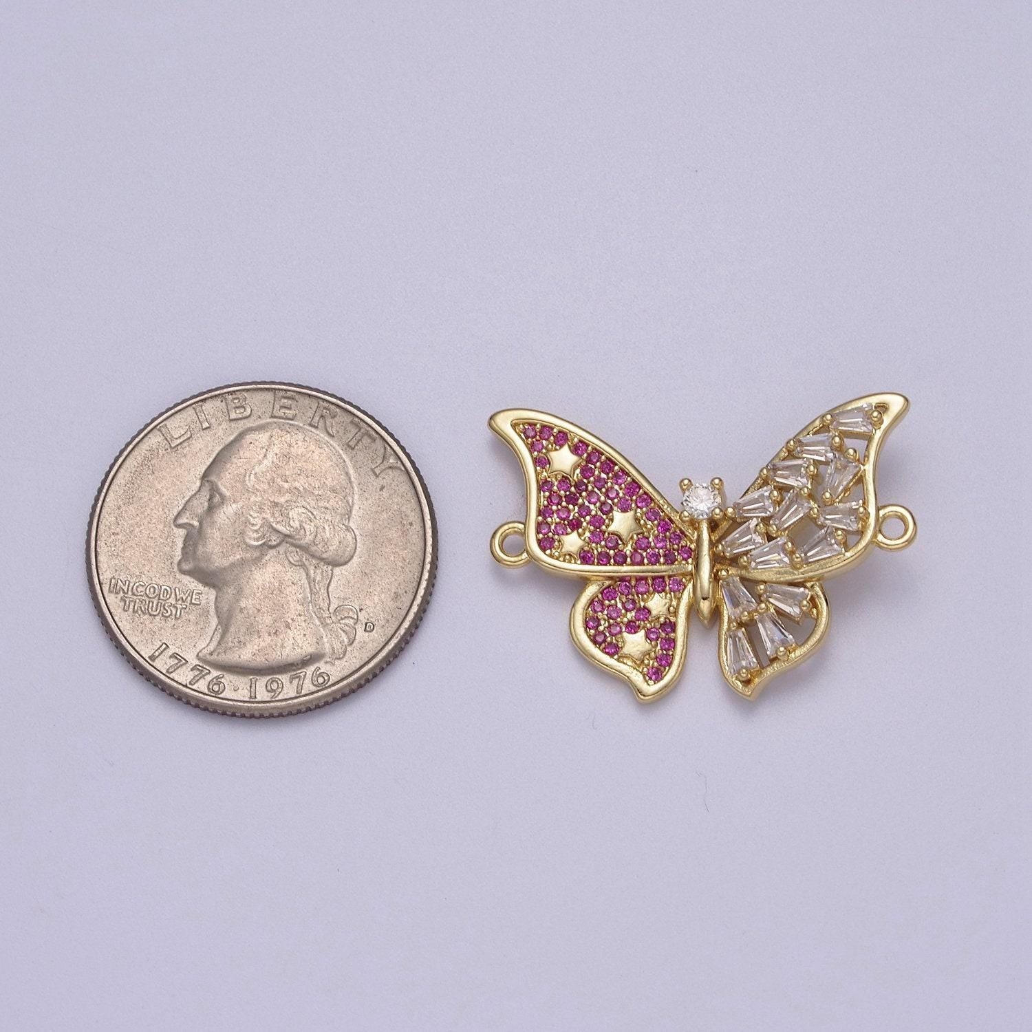 Pink gold butterfly clear cz micro pave charm connector baguette cluster link connector f-057