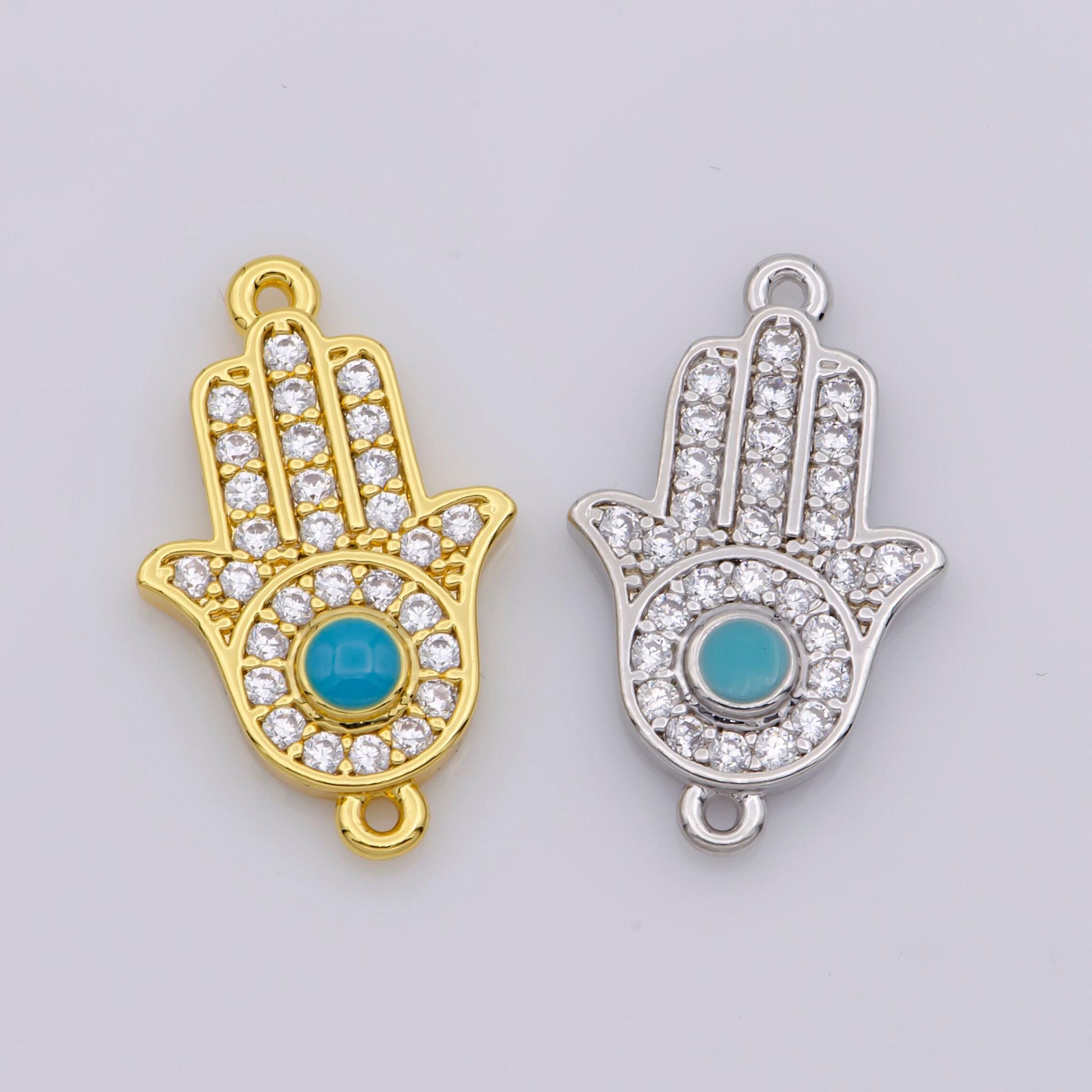 24k gold fill cubic hamsa hand connector, hand of fatima connector, gold hamsa hand, bracelet hamsa hand link connector gold silver supply