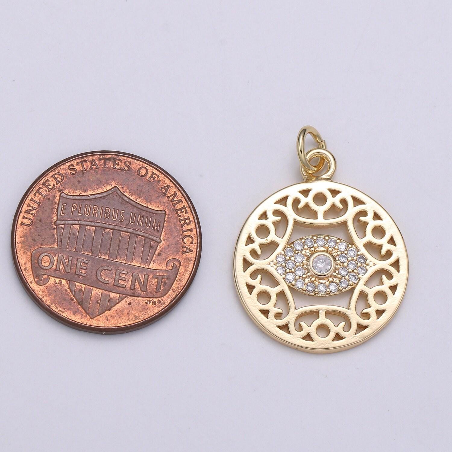 Dainty gold evil eye charm, dream catcher gold pendant eye filigree charm minimalist jewelry making necklace, bracelet, chgf-2062