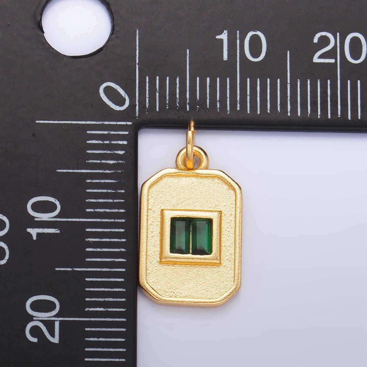 Dainty emerald green cz square gold medallion charm tiny small pendant tag charm, bracelet necklace earring finding