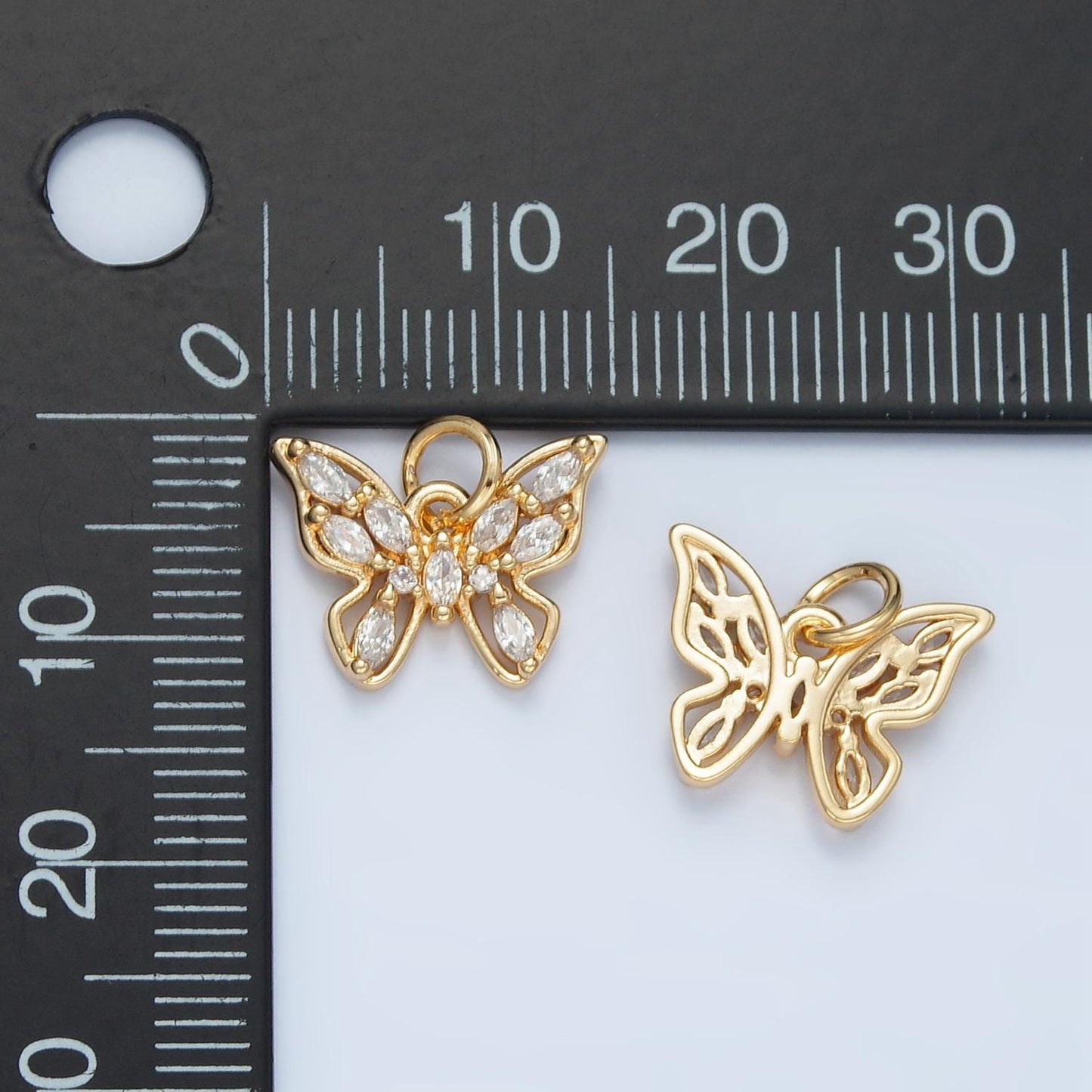 Open butterfly marquise cz paved 24k gold filled charm | e-848