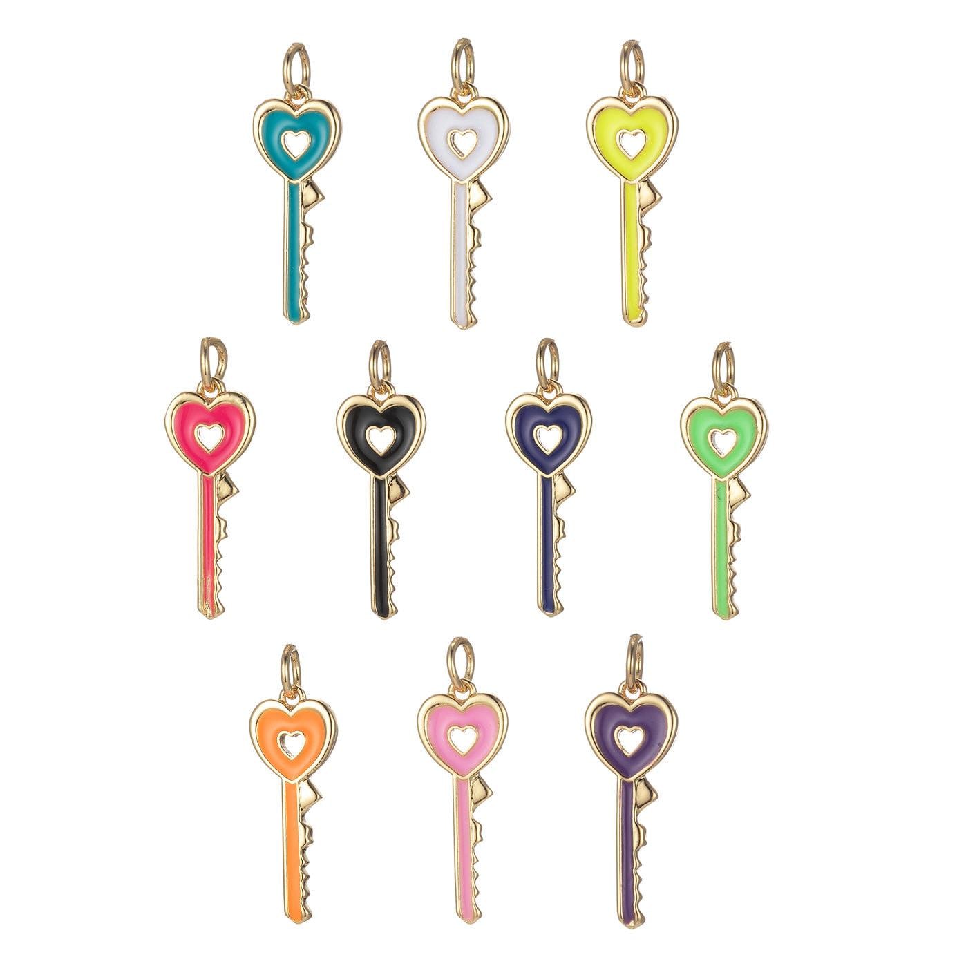 Gold dainty hear key charm colorful enamel lock charm for necklace bracelet jewelry making black blue pink green orange purple e823