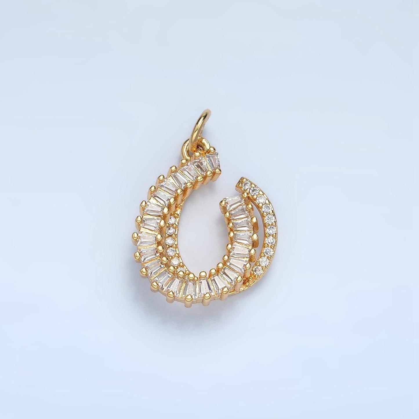 Double horseshoe baguette cz & micro paved cz, 24k gold filled charm | e-807