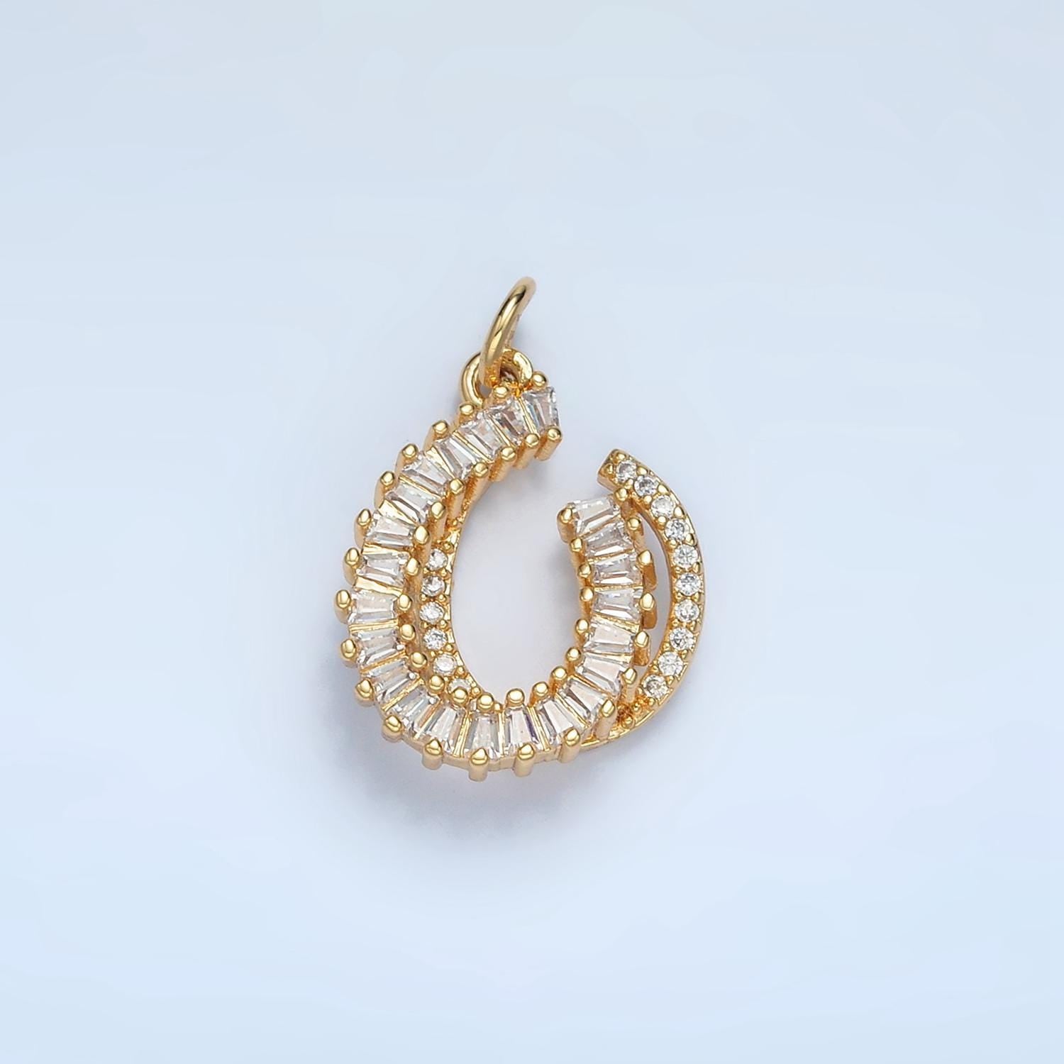 Double horseshoe baguette cz & micro paved cz, 24k gold filled charm | e-807